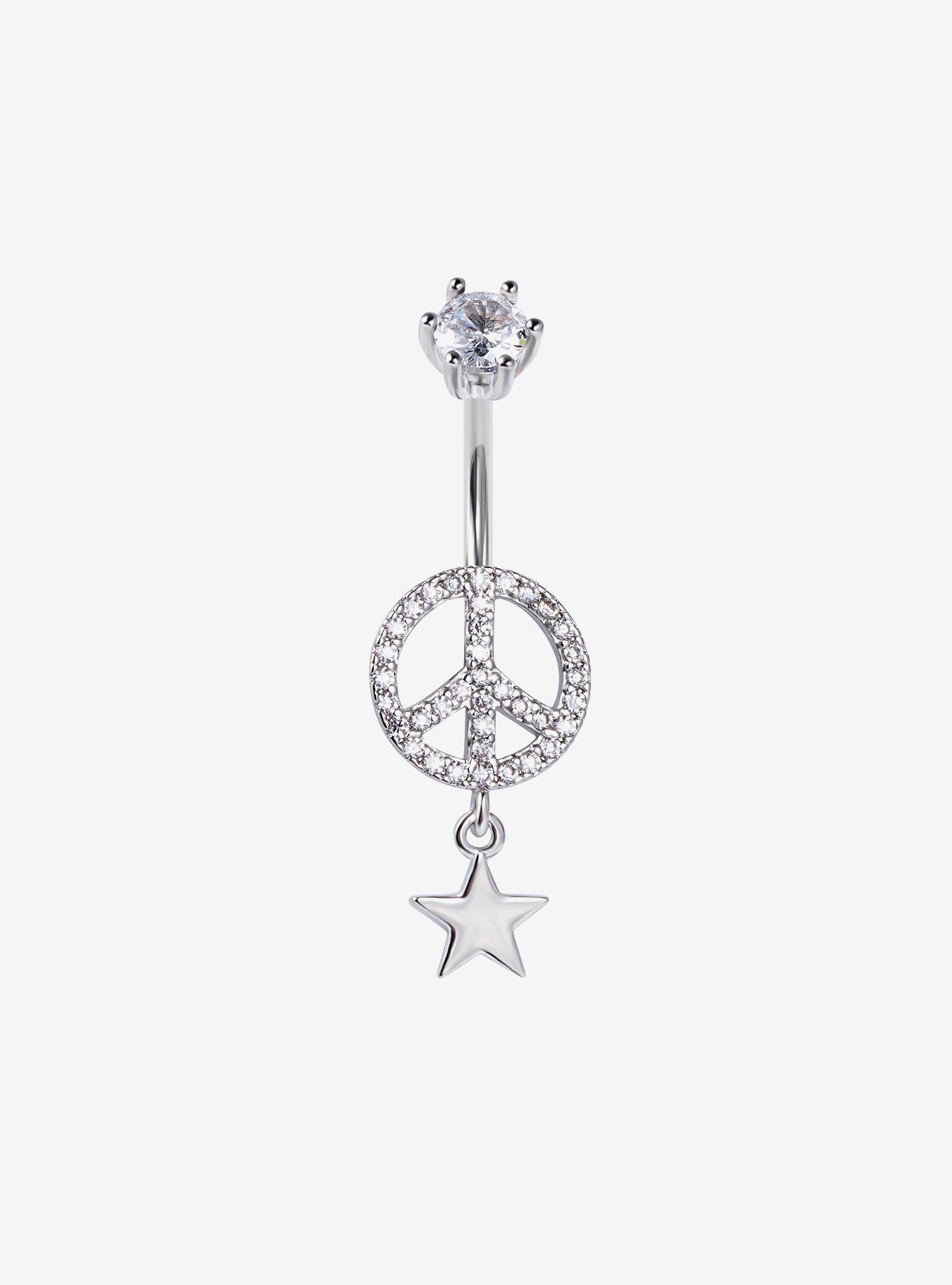 Steel Peace Sign Star Navel Barbell, , hi-res