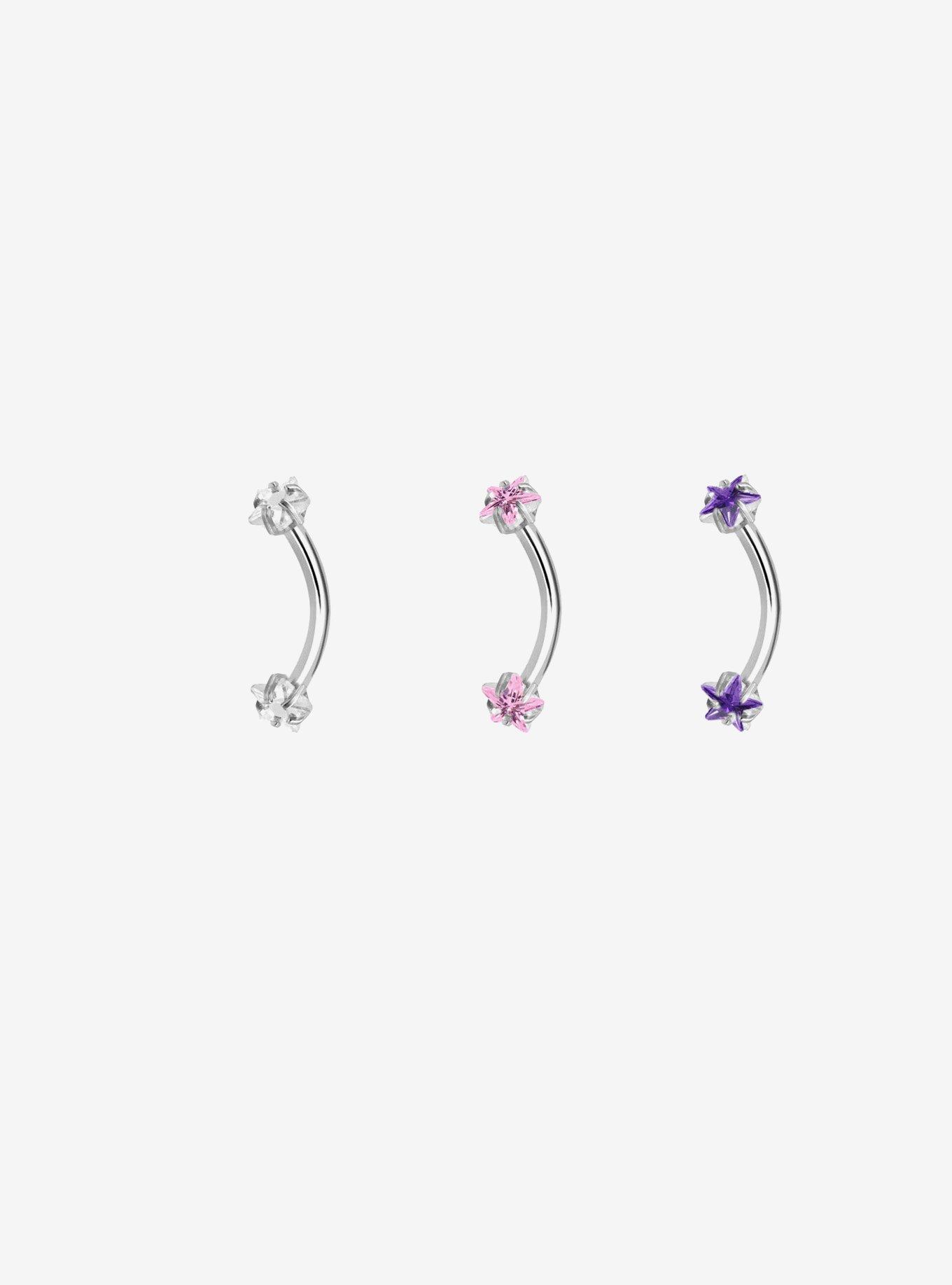 Steel Pink & Purple Star Eyebrow Barbell 3 Pack, , hi-res