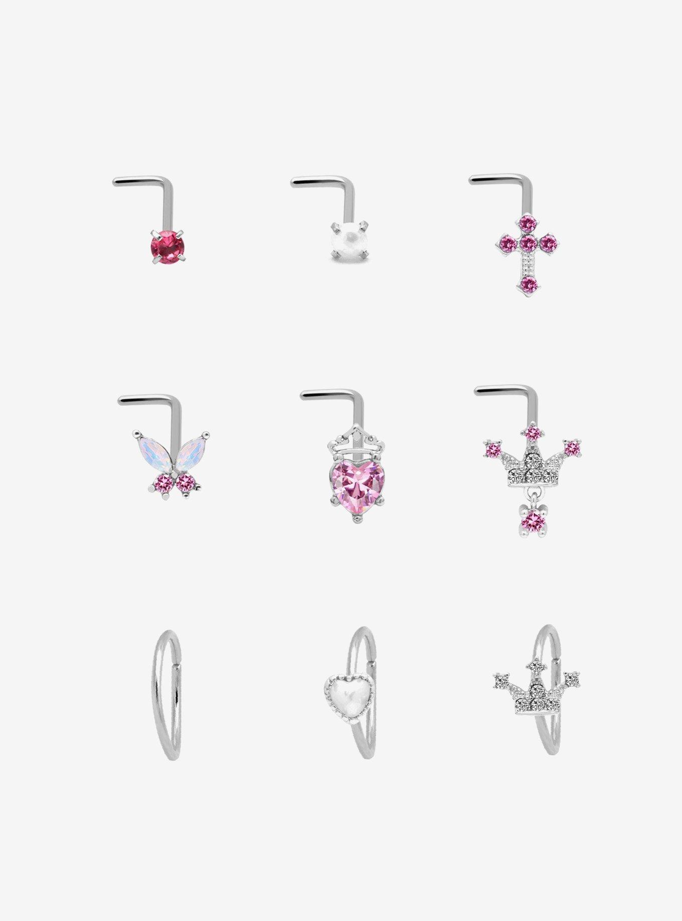 Steel Crown Heart Bling Nose Stud & Hoop 9 Pack