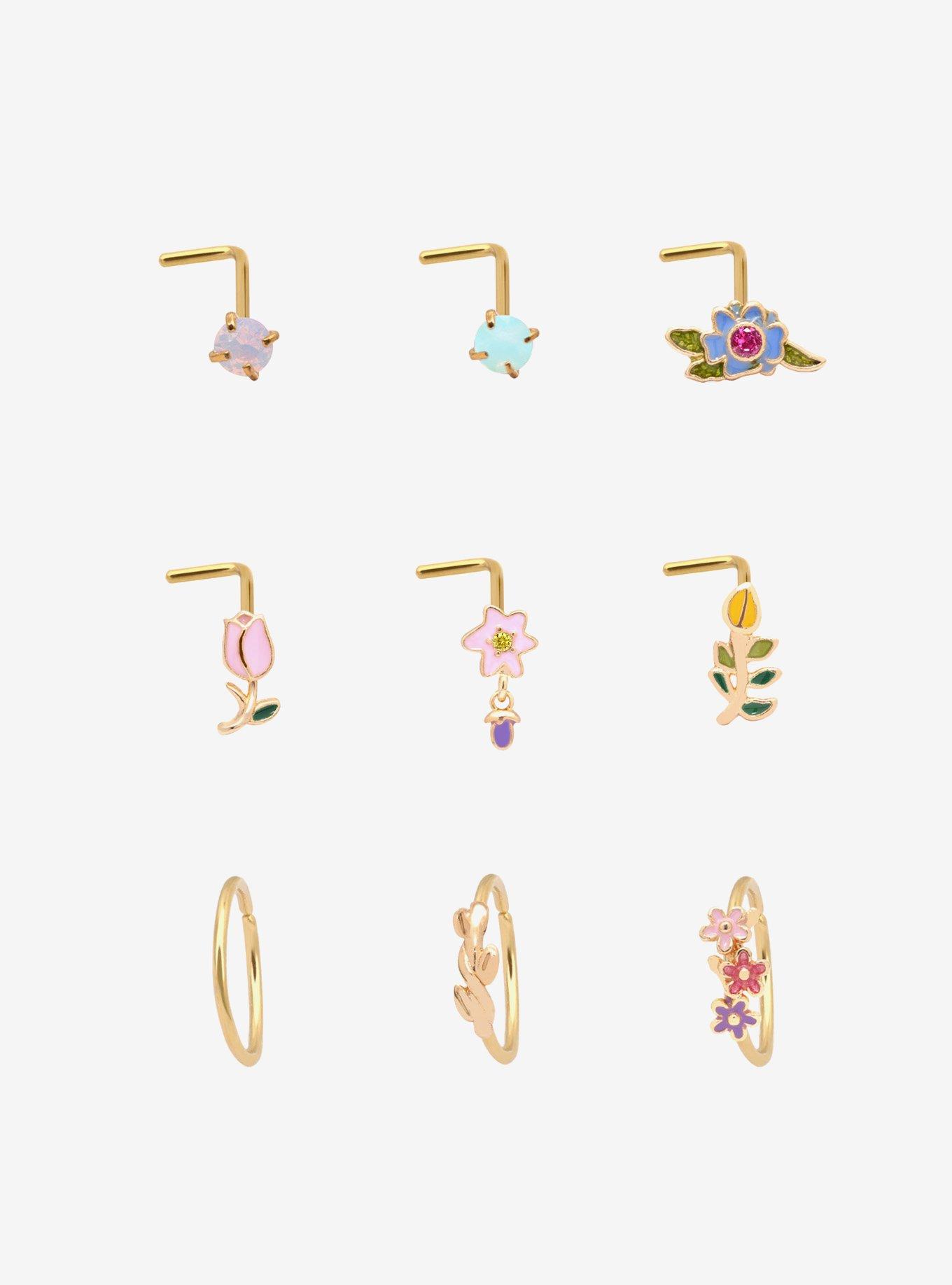 Steel Gold Floral Nose Stud & Hoop 9 Pack, , hi-res