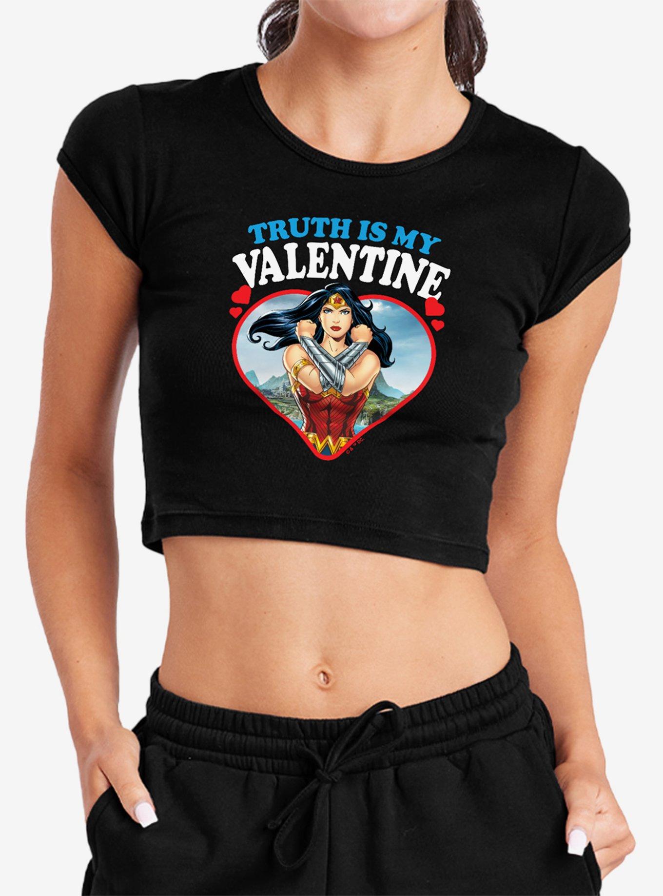 DC Comics Wonder Woman Truth Is My Valentine Cap Sleeve Baby Rib Girls Crop Top, , hi-res