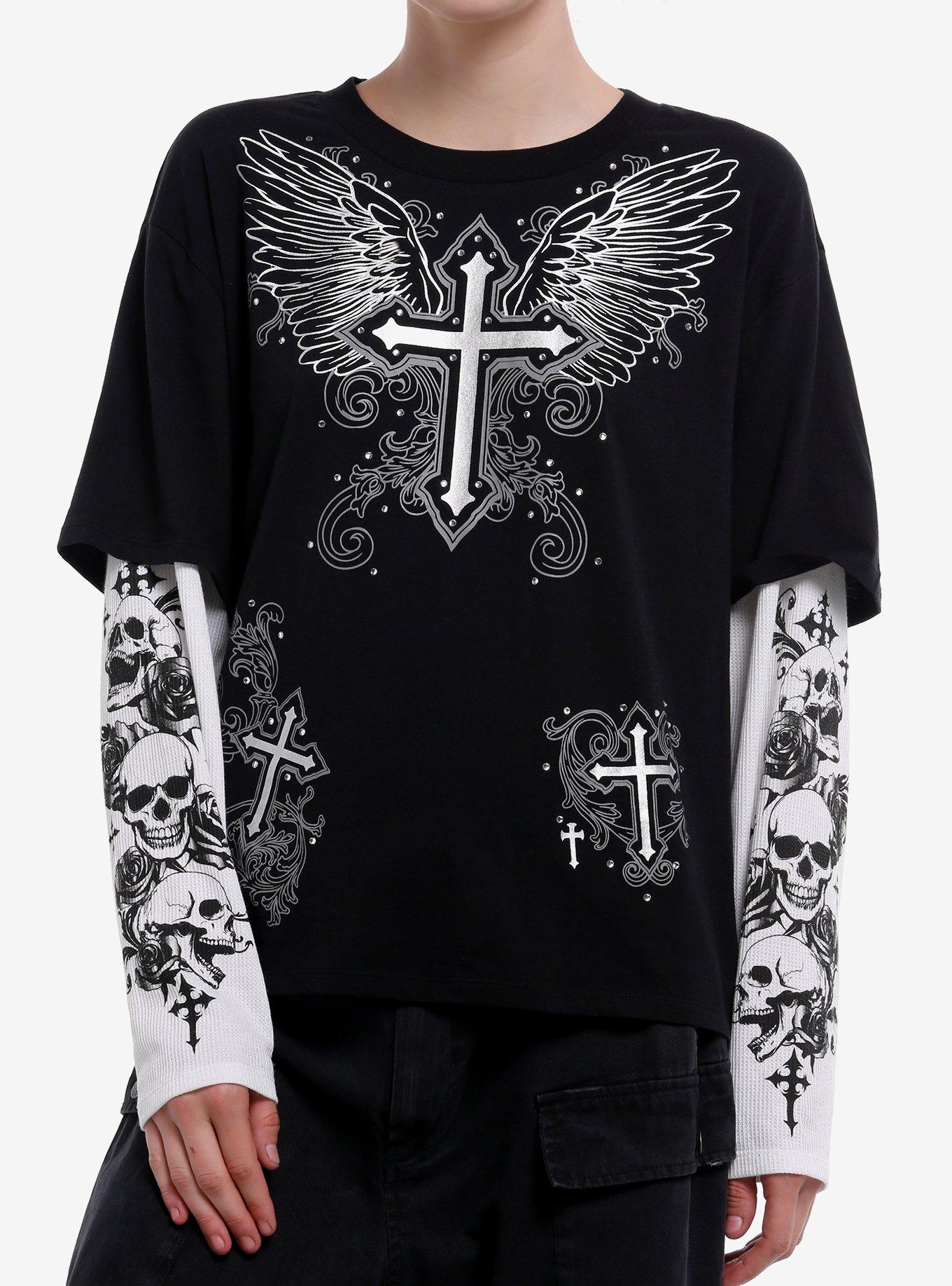 Black & White Winged Cross Skulls Girls Twofer Long-Sleeve T-Shirt, , hi-res