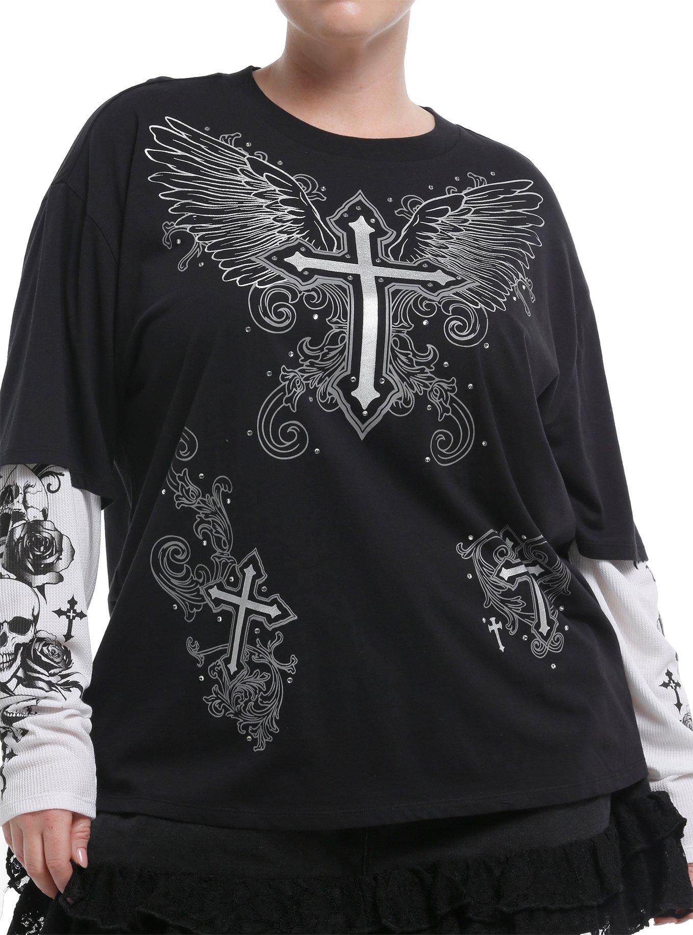 Black & White Winged Cross Skulls Girls Twofer Long-Sleeve T-Shirt Plus Size, , hi-res