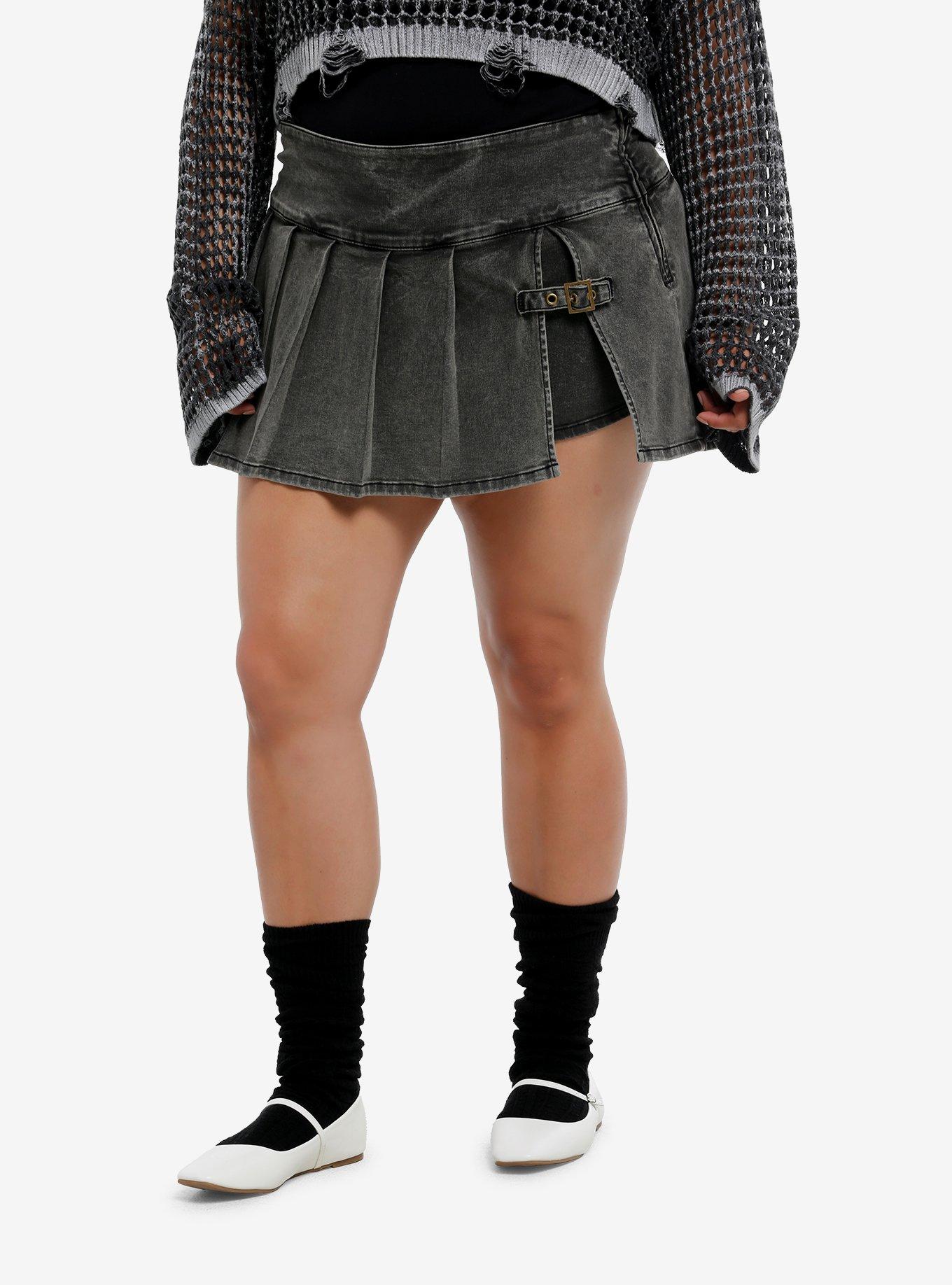 Dark Grey Buckle Micro Skort Plus Size, DARK BLUE, hi-res
