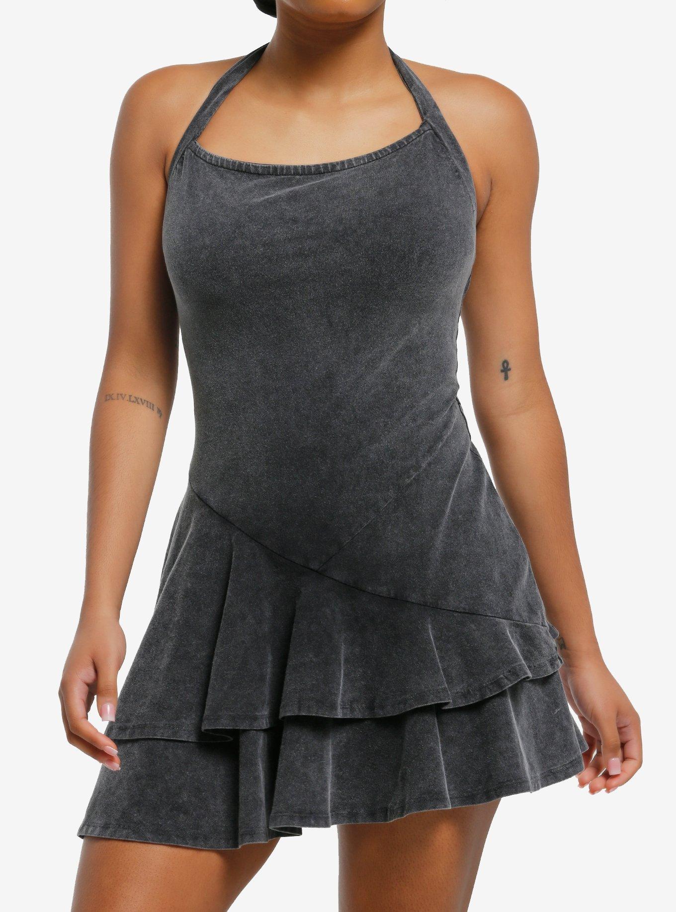 Grey Mineral Wash Halter Ruffle Dress, , hi-res
