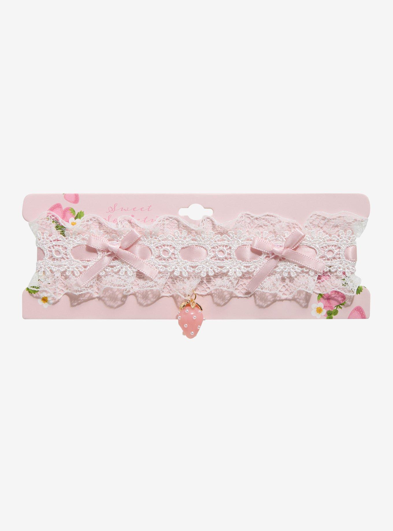 Sweet Society Lace Pink Bow Strawberry Choker, , hi-res
