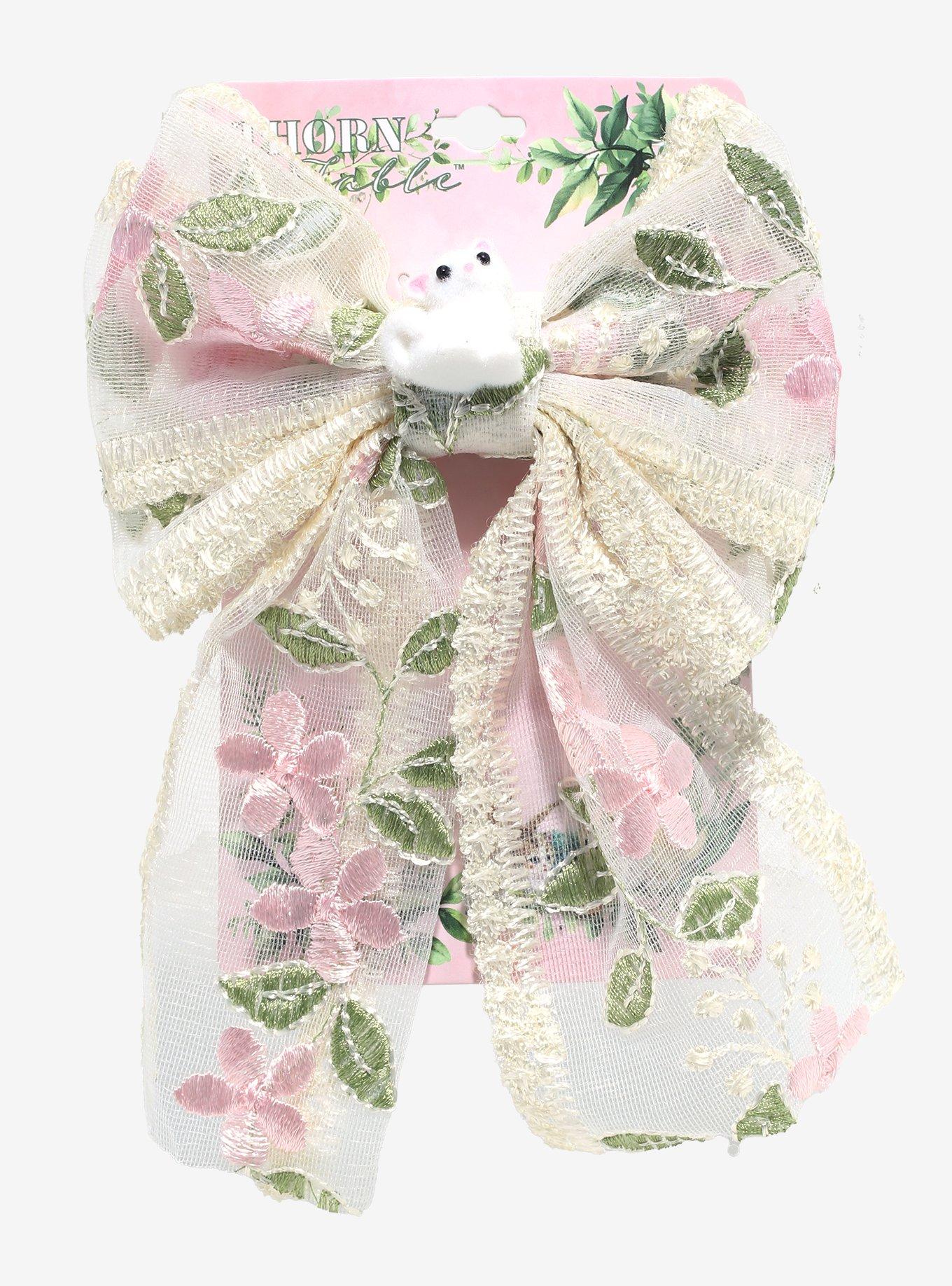Thorn & Fable Flocked Cat Floral Lace Hair Bow, , hi-res