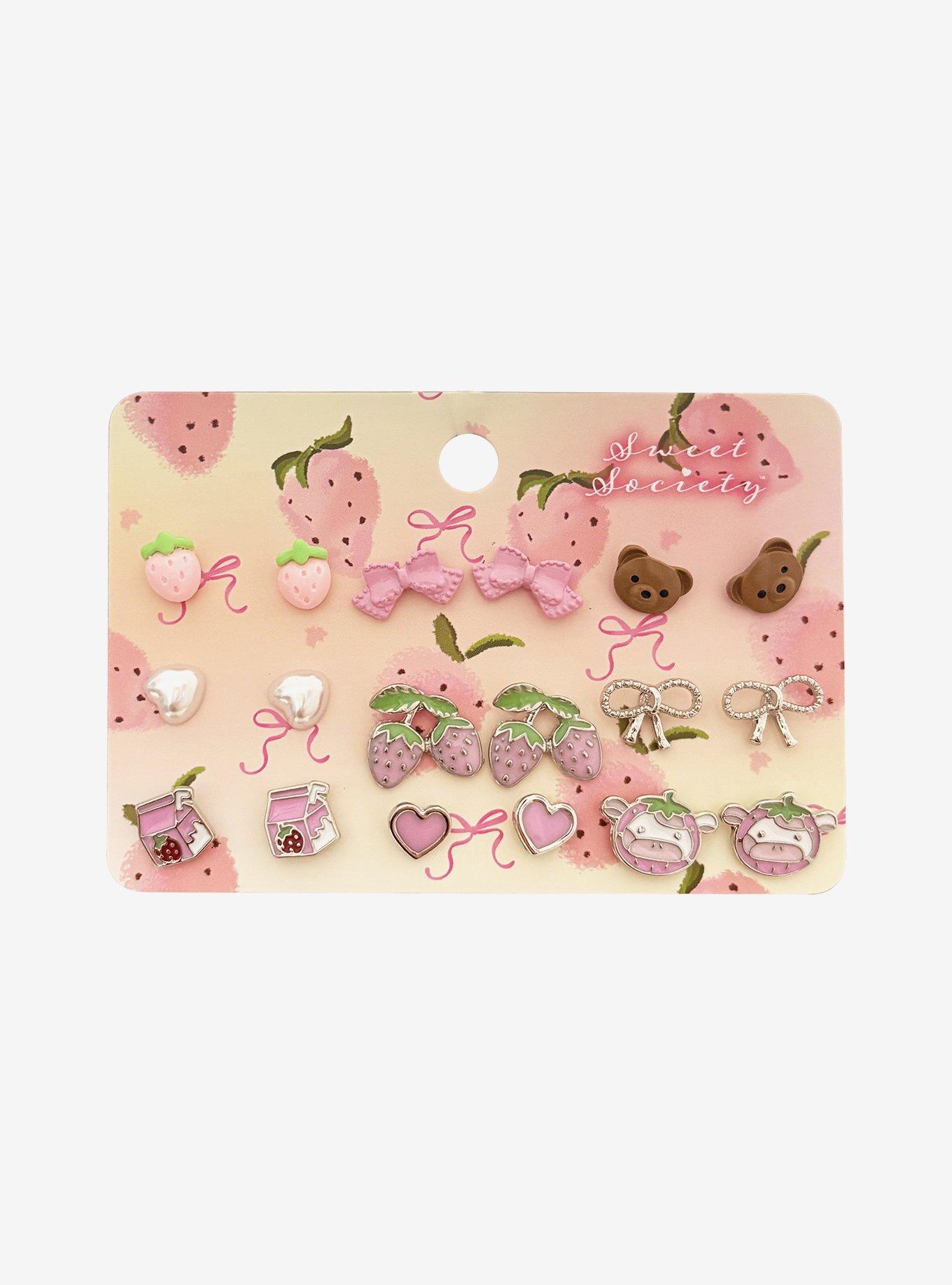 Sweet Society Strawberry Bow Bear Stud Earring Set, , hi-res