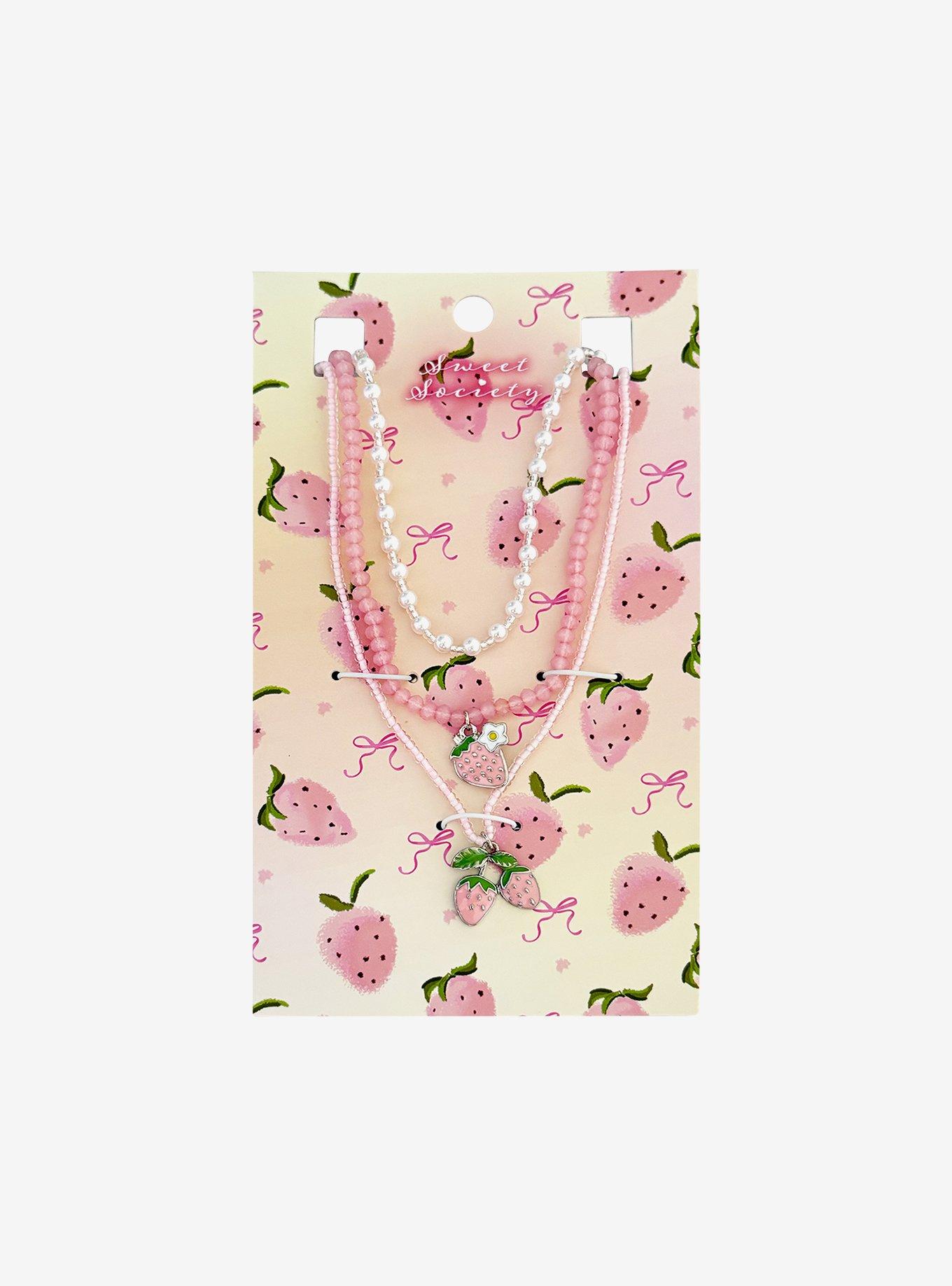 Sweet Society Pink Strawberry Necklace Beaded Set, , hi-res