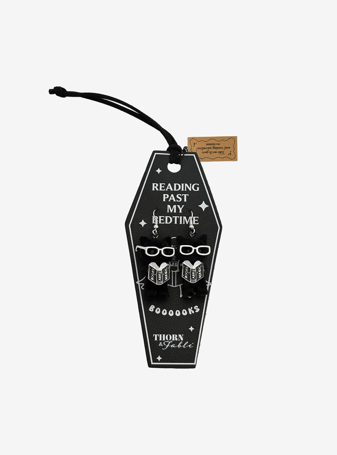Thorn & Fable Black Cat Book Earrings With Bookmark, , hi-res