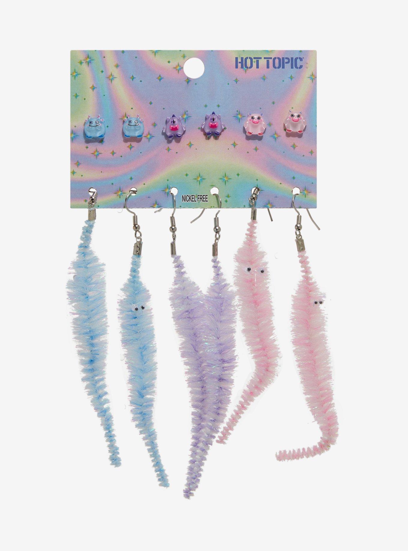 Pastel Monster Fuzzy Worm Earring Set, , hi-res