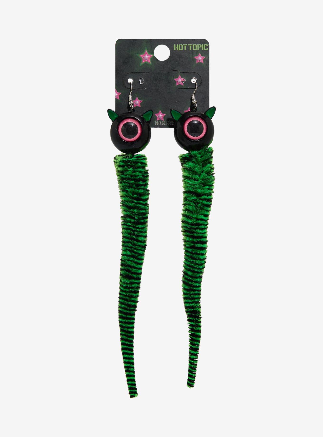 Green Monster Fuzzy Worm Drop Earrings, , hi-res