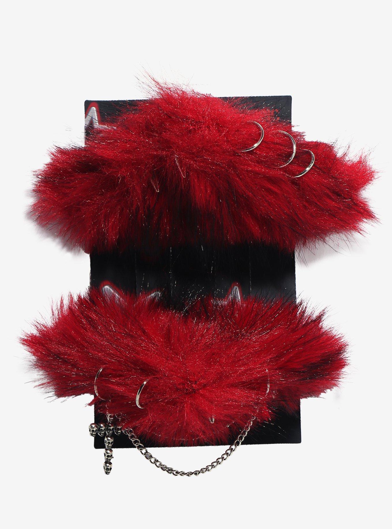 Black & Red Pierced Chain Fuzzy Cat Ear Hair Clips, , hi-res