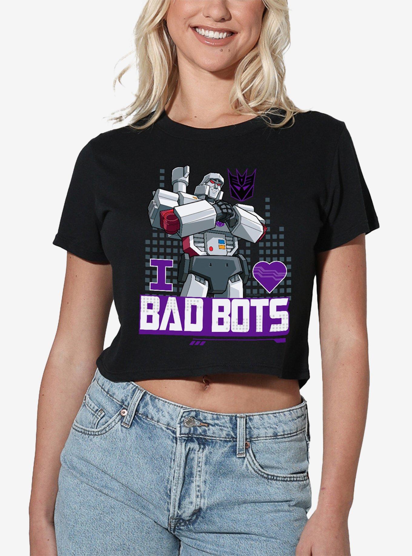 Transformers Megatron I Love Bad Bots Women's Crop Top T-Shirt, BLACK, hi-res