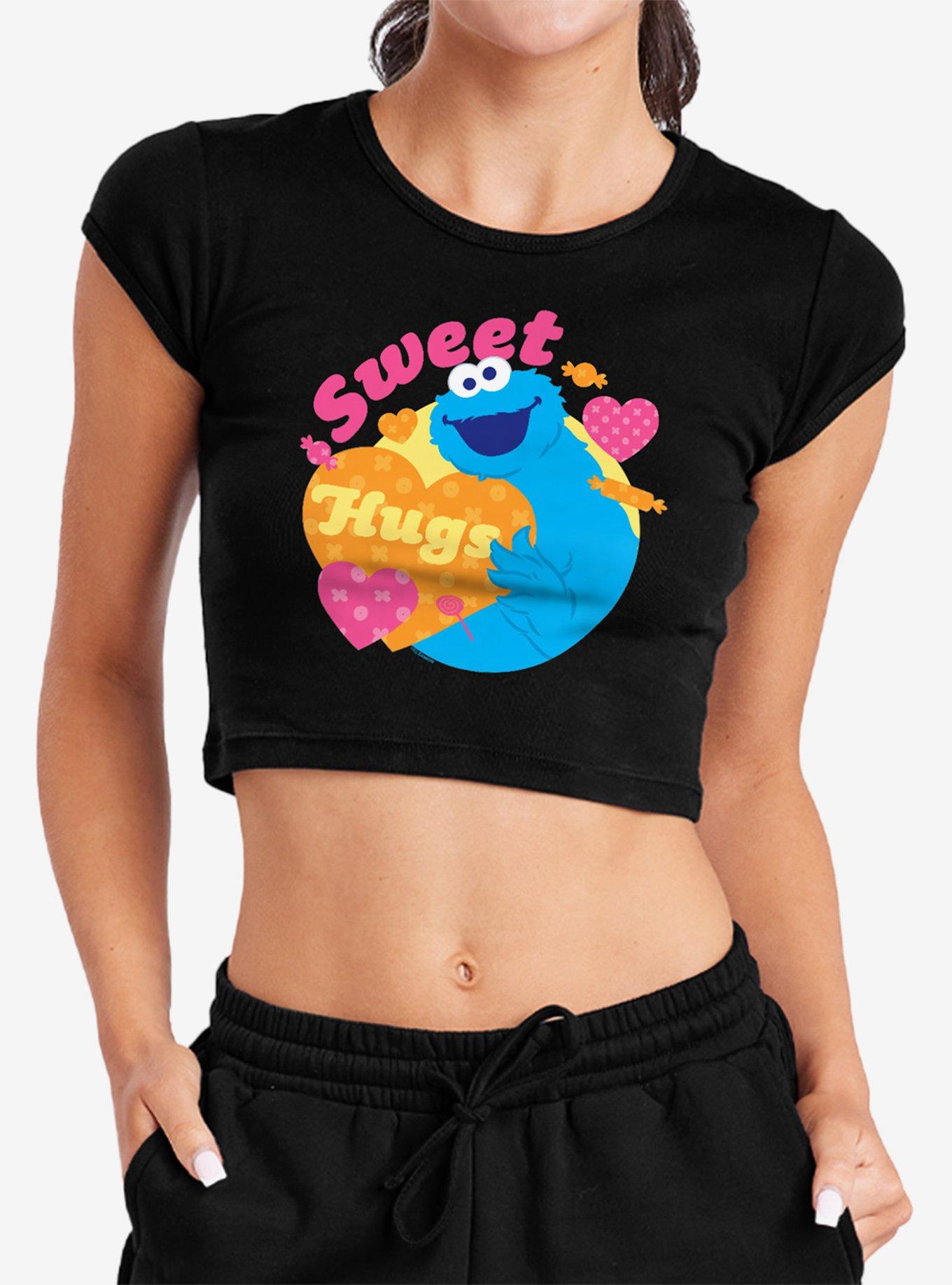 Sesame Street Sweet Hugs With Cookie Monster Cap Sleeve Baby Rib Women's Crop Top, , hi-res