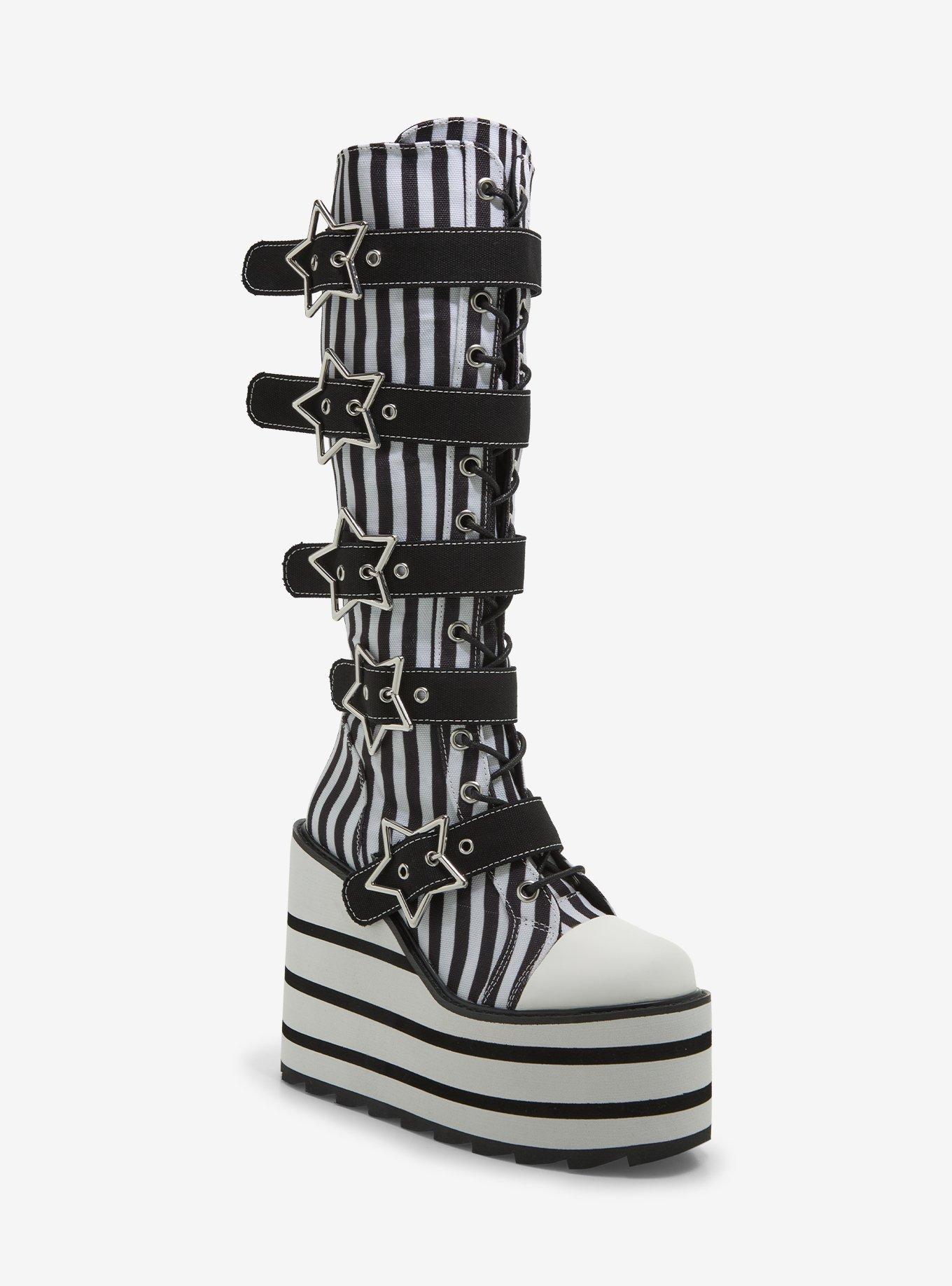 YRU Black & White Star Stripe Detention Platform Boots | Hot Topic