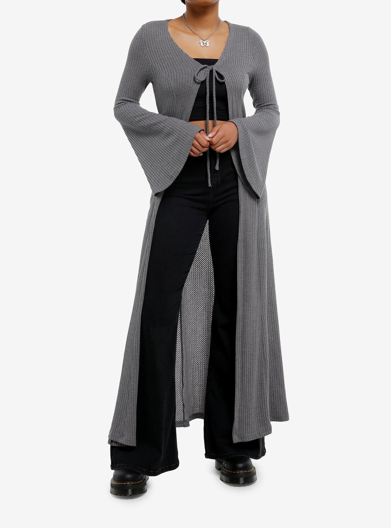 Daisy Street Grey Waffle Knit Bell Sleeve Tie-Front Duster, , hi-res
