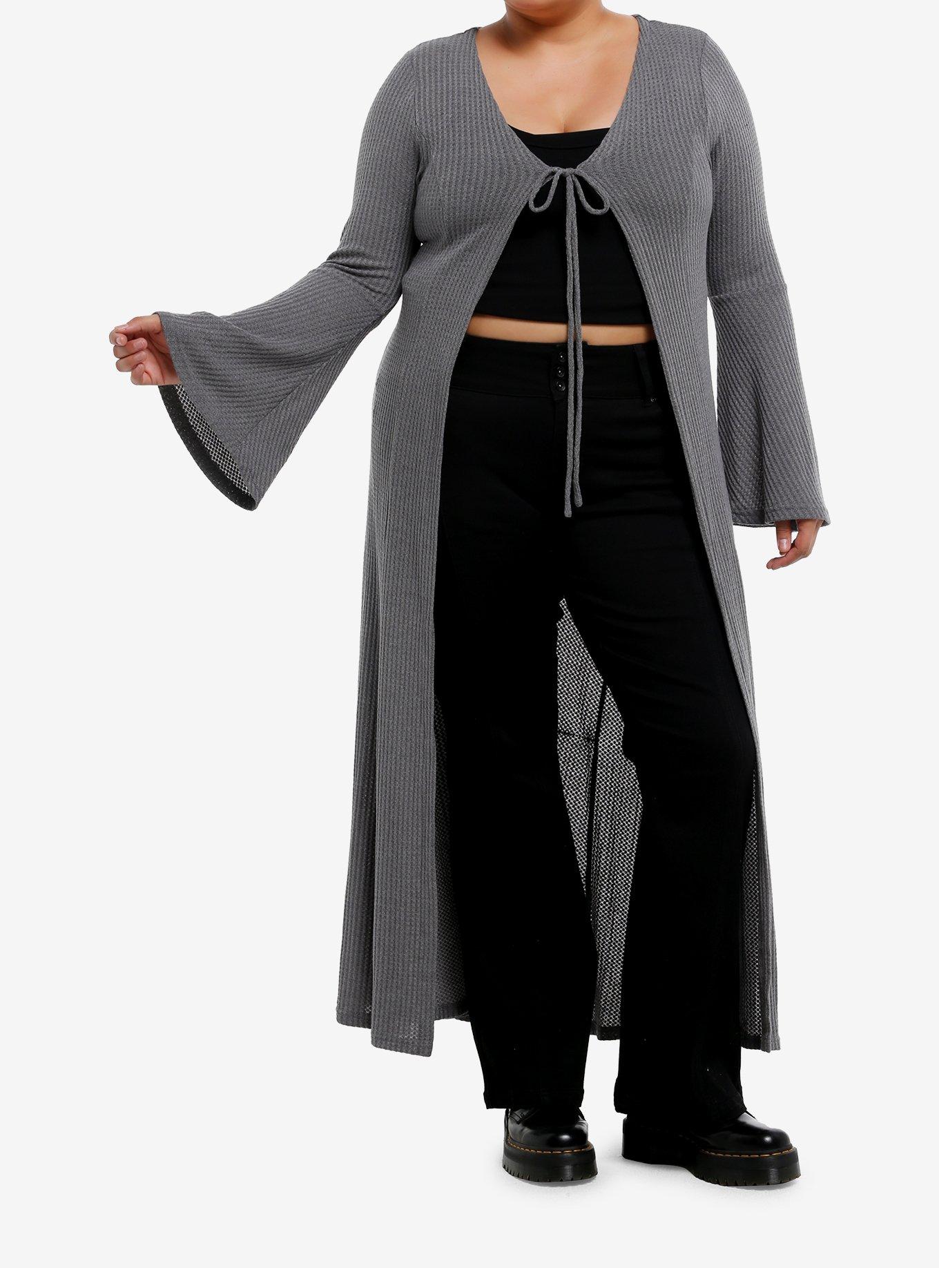 Daisy Street Grey Waffle Knit Bell Sleeve Tie-Front Duster Plus Size, , hi-res