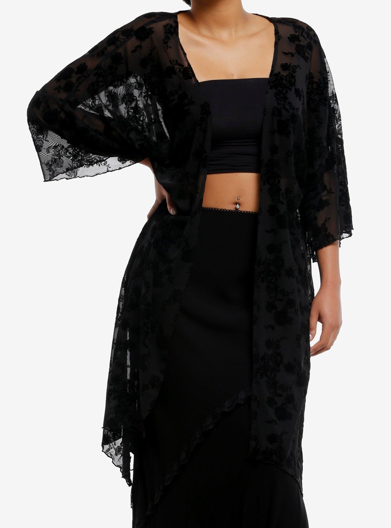 Black Floral Flocked Sharkbite Duster, , hi-res