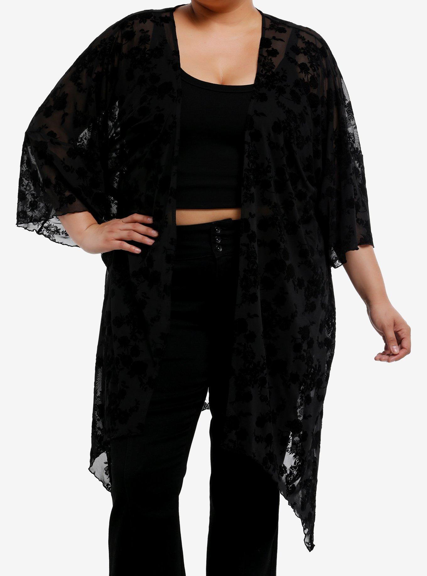 Black Floral Flocked Sharkbite Duster Plus Size, , hi-res
