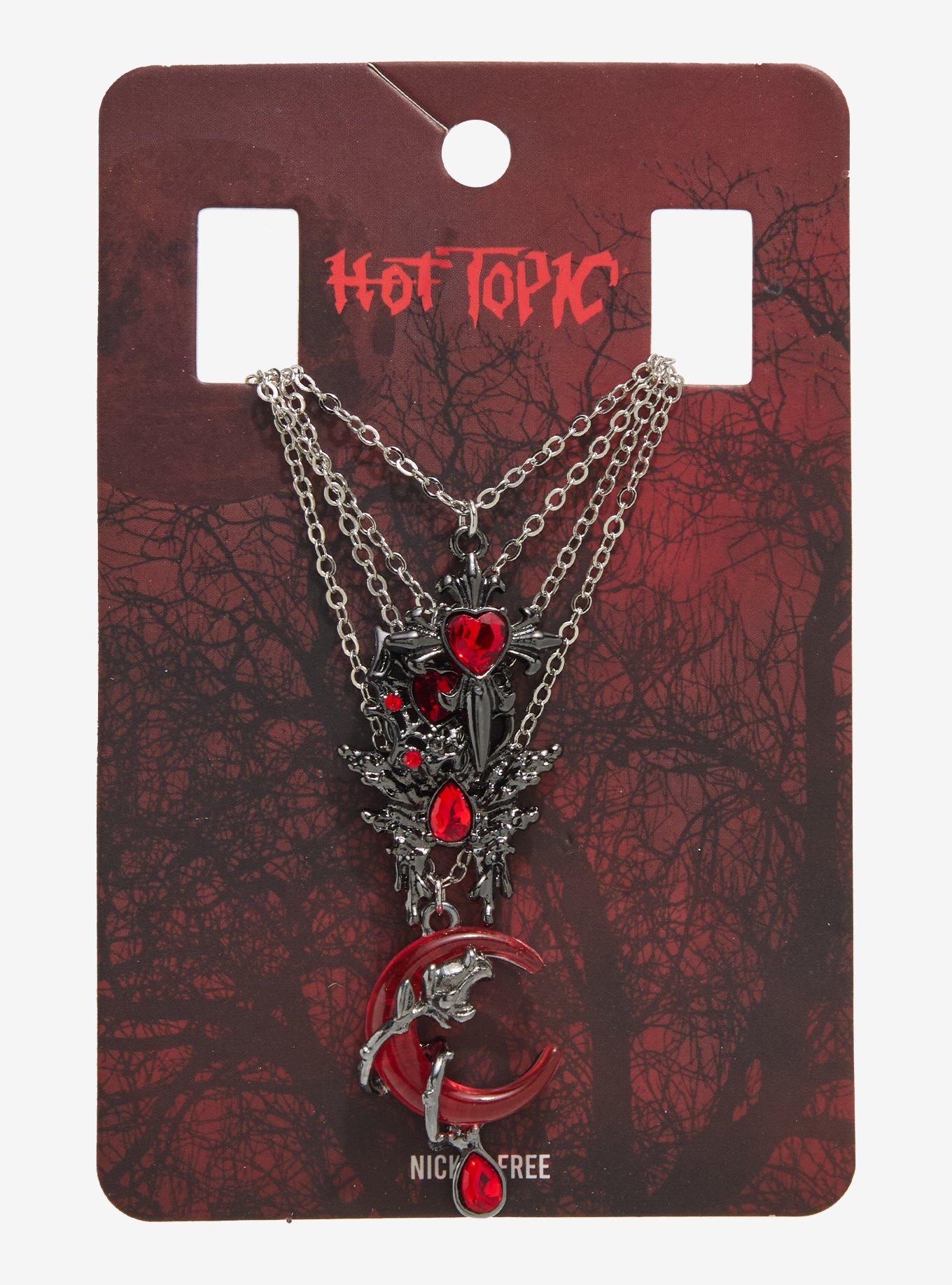 Red Gothic Moon Cross Butterfly Necklace Set, , hi-res
