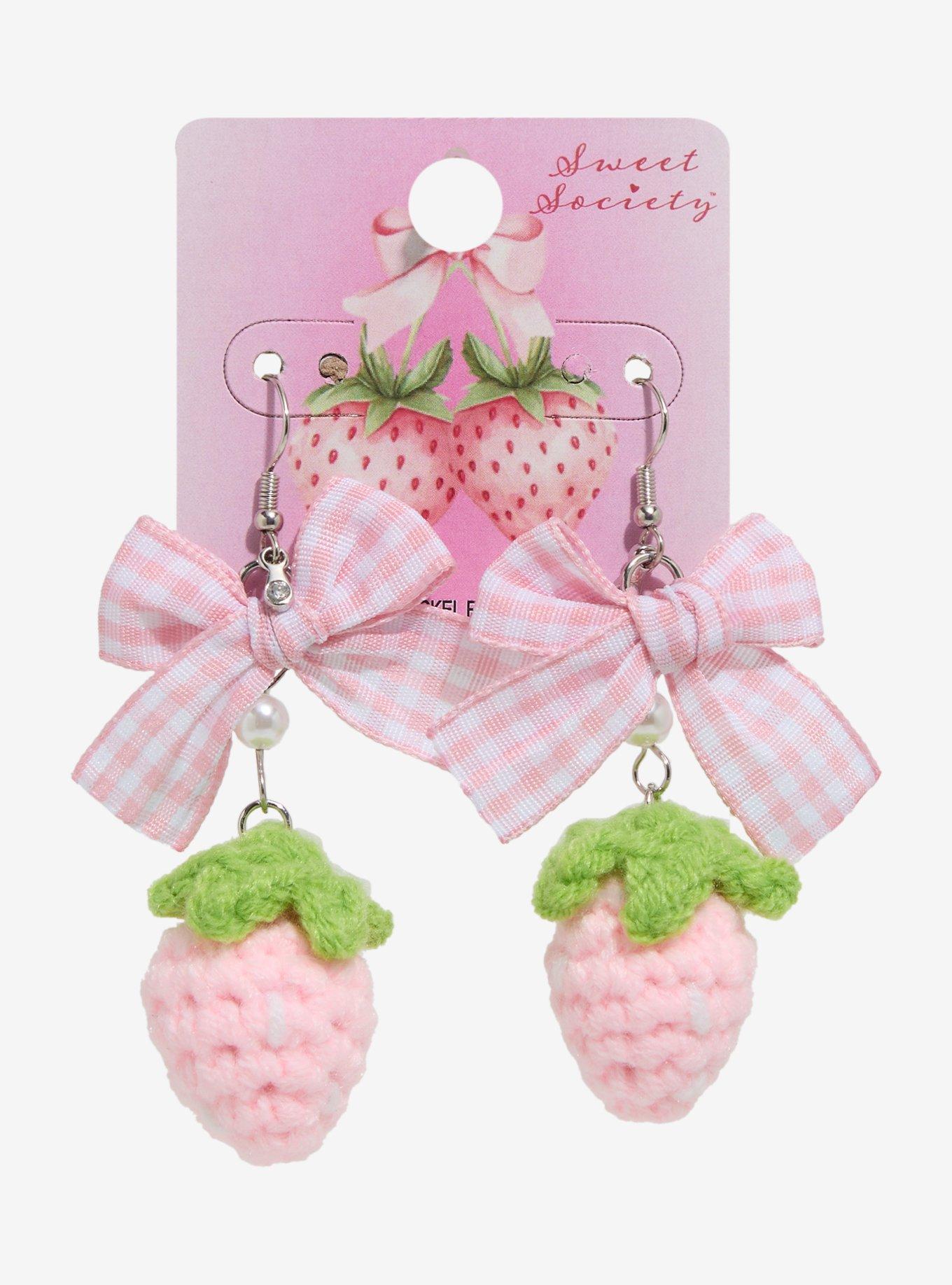 Sweet Society Pink Bow Crochet Strawberry Drop Earrings, , hi-res