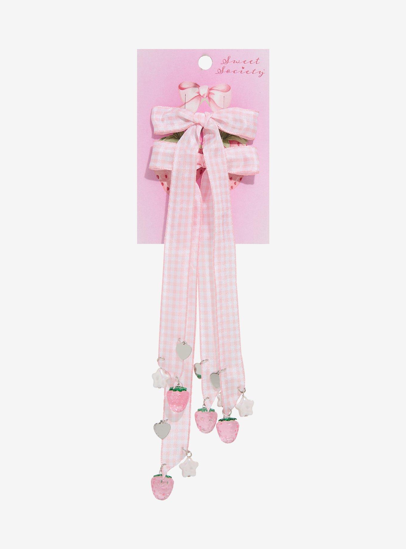 Sweet Society Pink Gingham Strawberry Charm Hair Bow Set, , hi-res