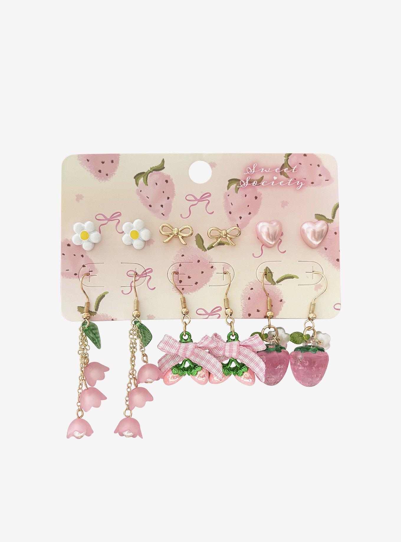 Sweet Society Pink Strawberry Flower Earring Set, , hi-res