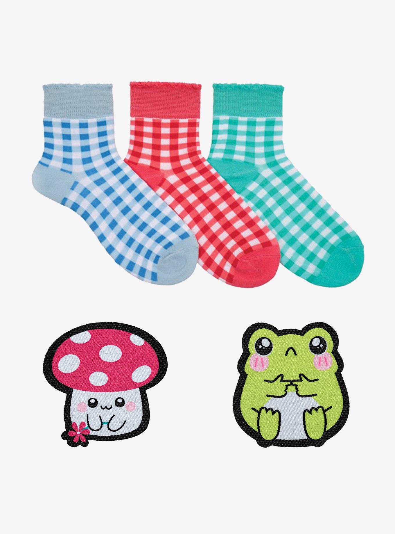 Gingham Quarter 3-Pair Crew Socks & 2 Patches Pack, , hi-res