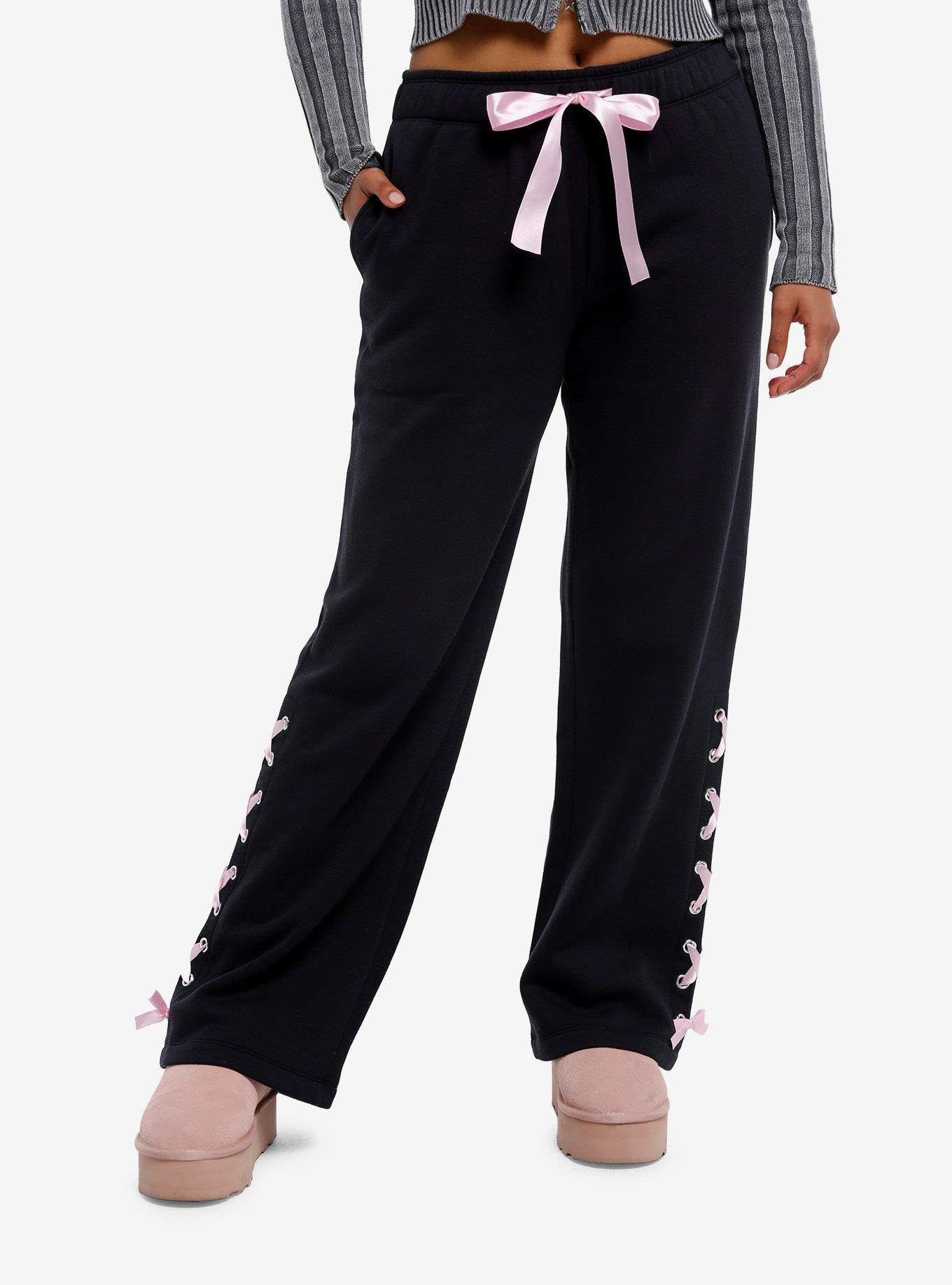 Black & Pink Heart Lace-Up Wide Leg Lounge Pants, , hi-res