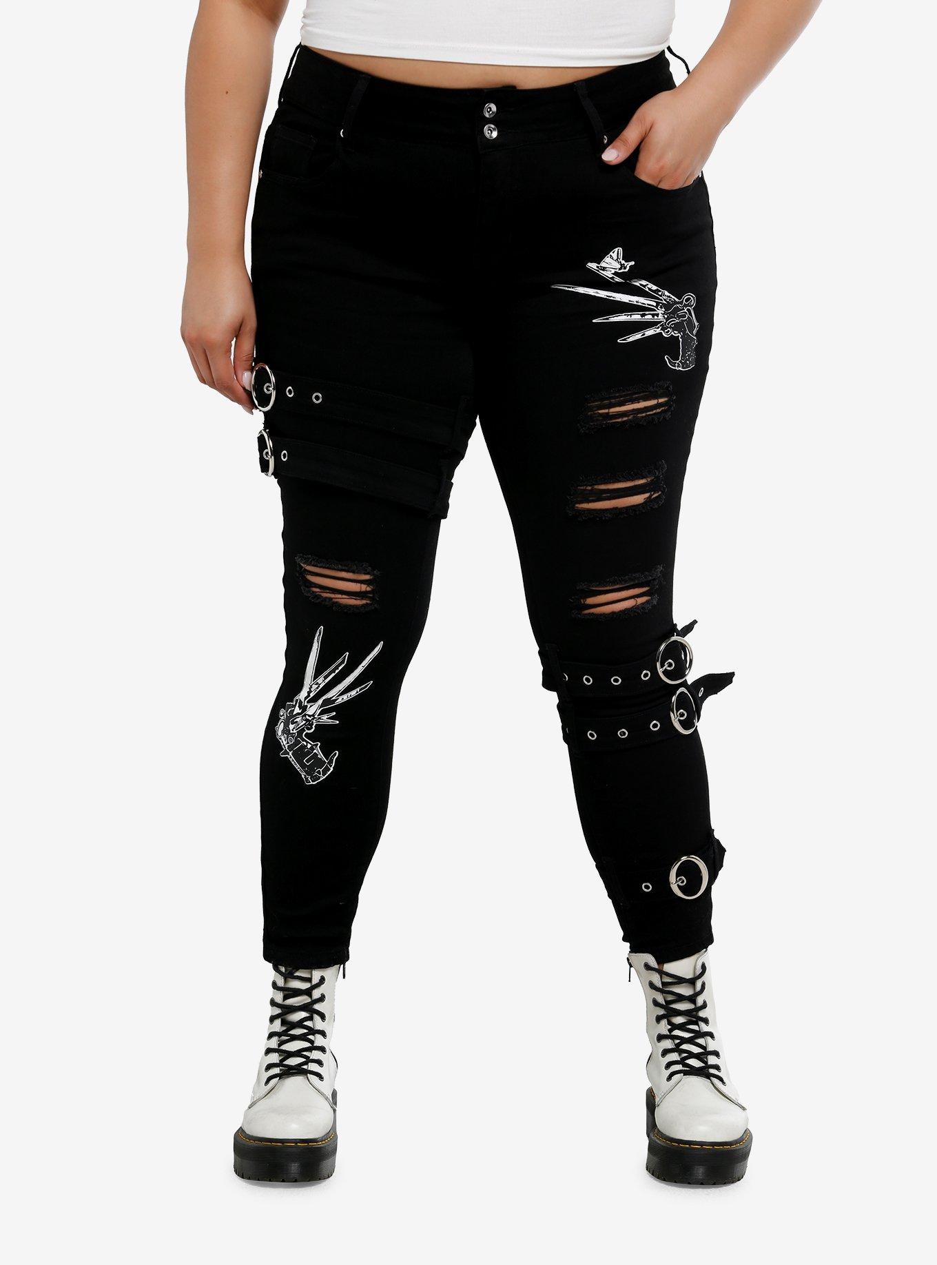 Her Universe Edward Scissorhands Grommet Strap Scissors Destructed Skinny Jeans Plus Size, , hi-res