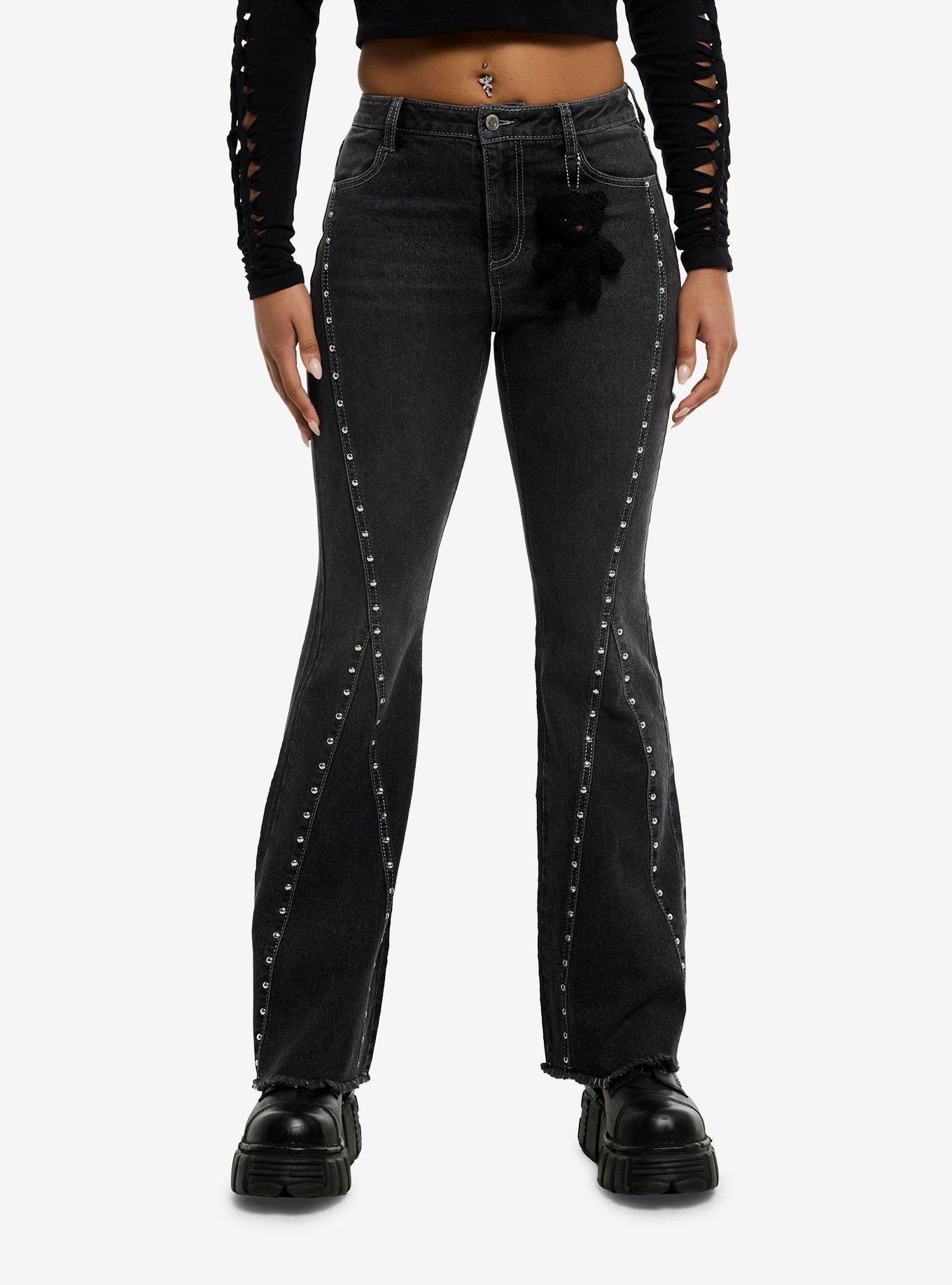 Black Stud Flare Jeans With Bear Plush, , hi-res