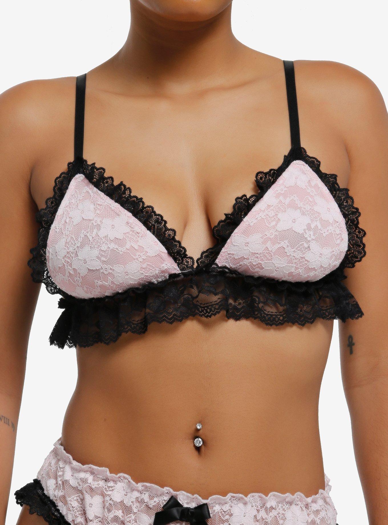 Black & Pink Lace Bralette, , hi-res