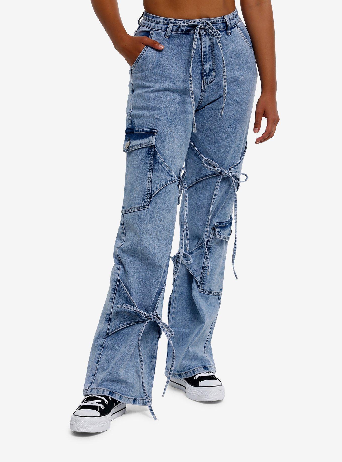 Light Indigo Acid Wash Cargo Jeans With Bows, , hi-res