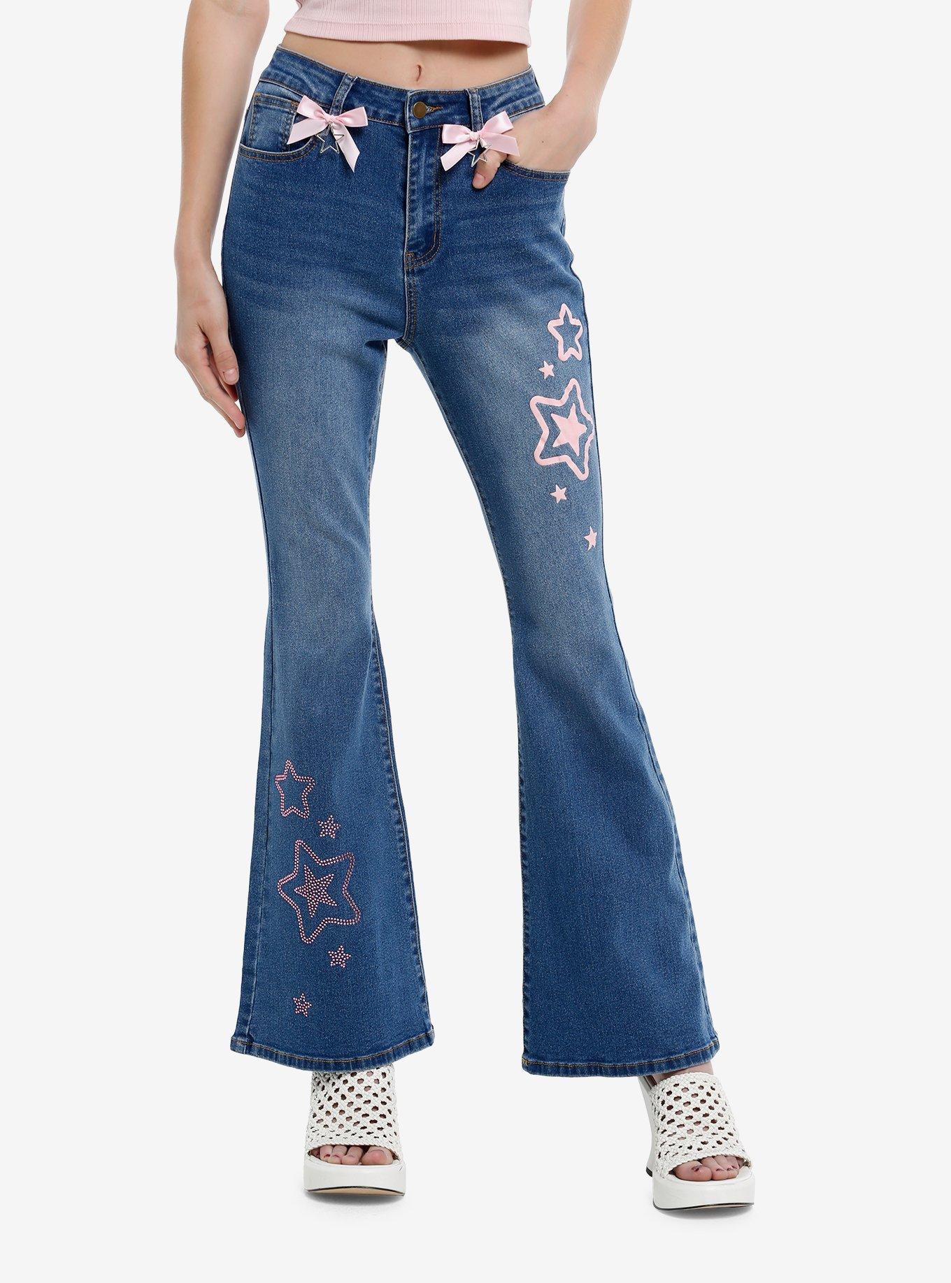 Indigo Pink Bows & Rhinestone Stars Flare Jeans, , hi-res