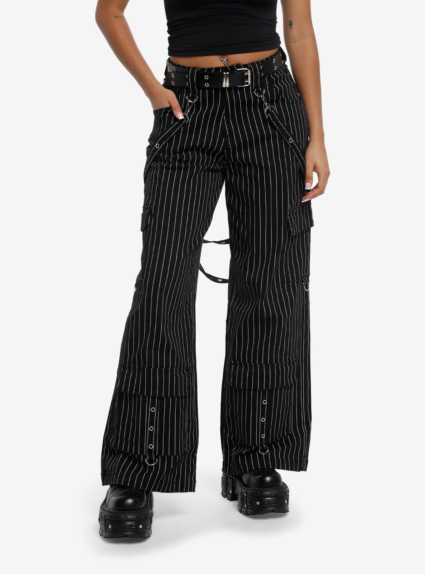 Black & White Pinstripe Grommet Suspender Pants With Belt, , hi-res