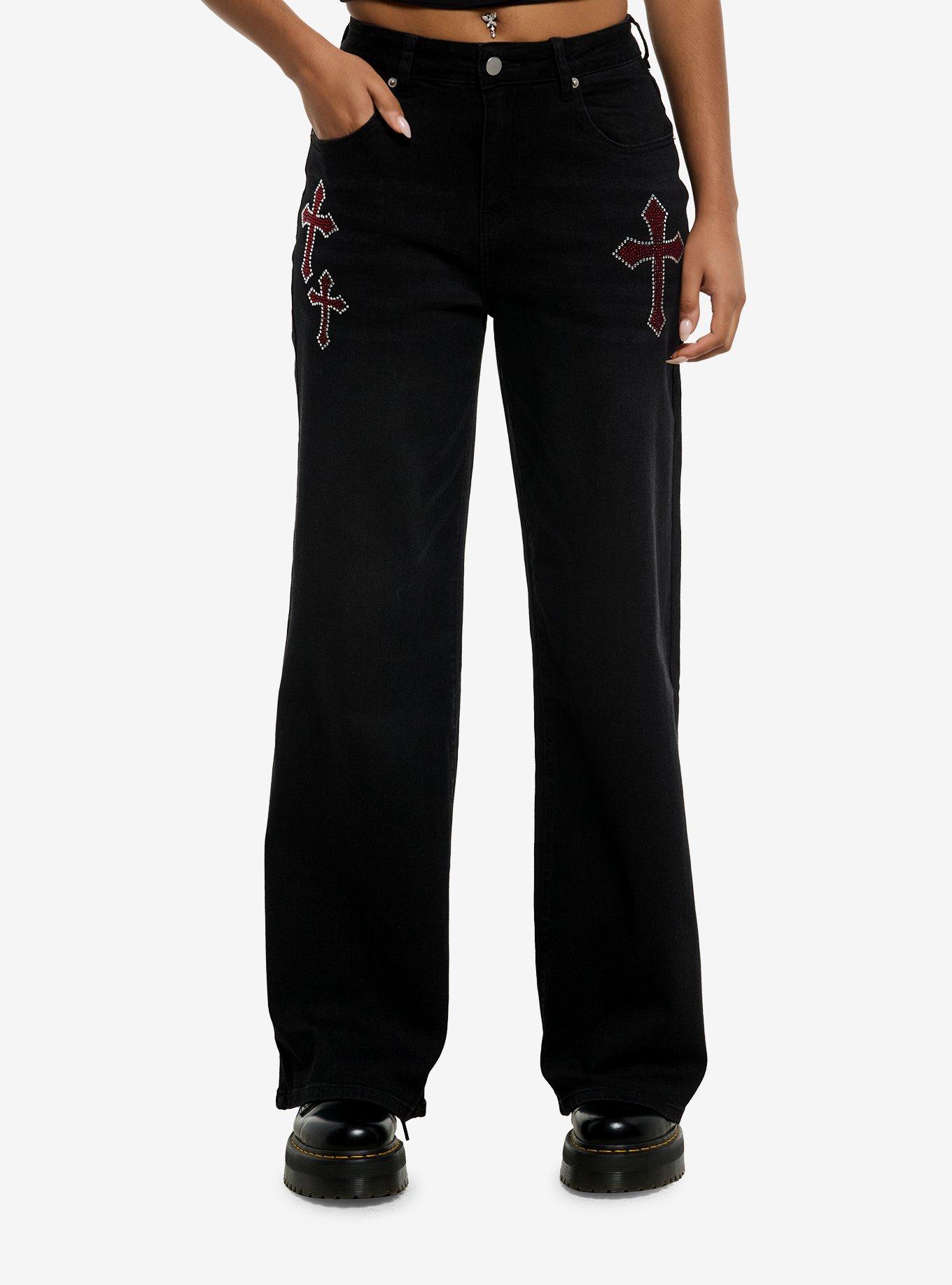 Black Red Bling Cross Wing Wide Leg Jeans, RED, hi-res