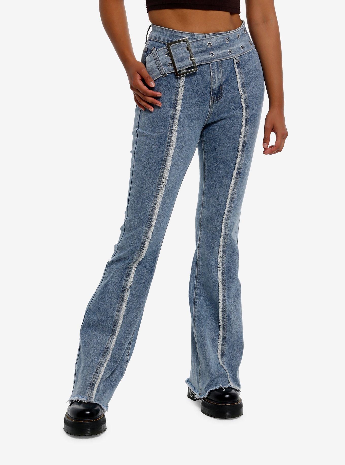 Light Indigo Front Frayed Seam Belted Flare Jeans, , hi-res