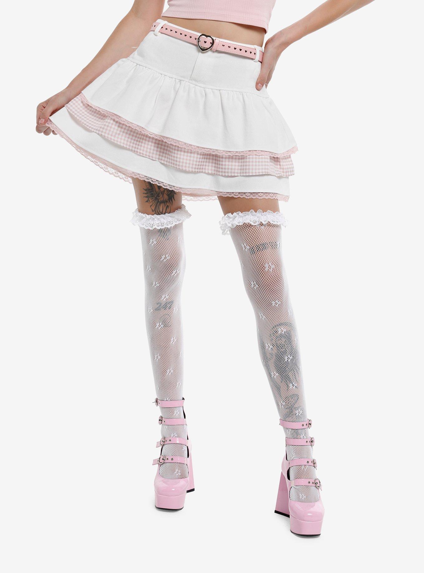 Sweet Society White Denim & Pink Lace Ruffle Belted Mini Skirt, , hi-res