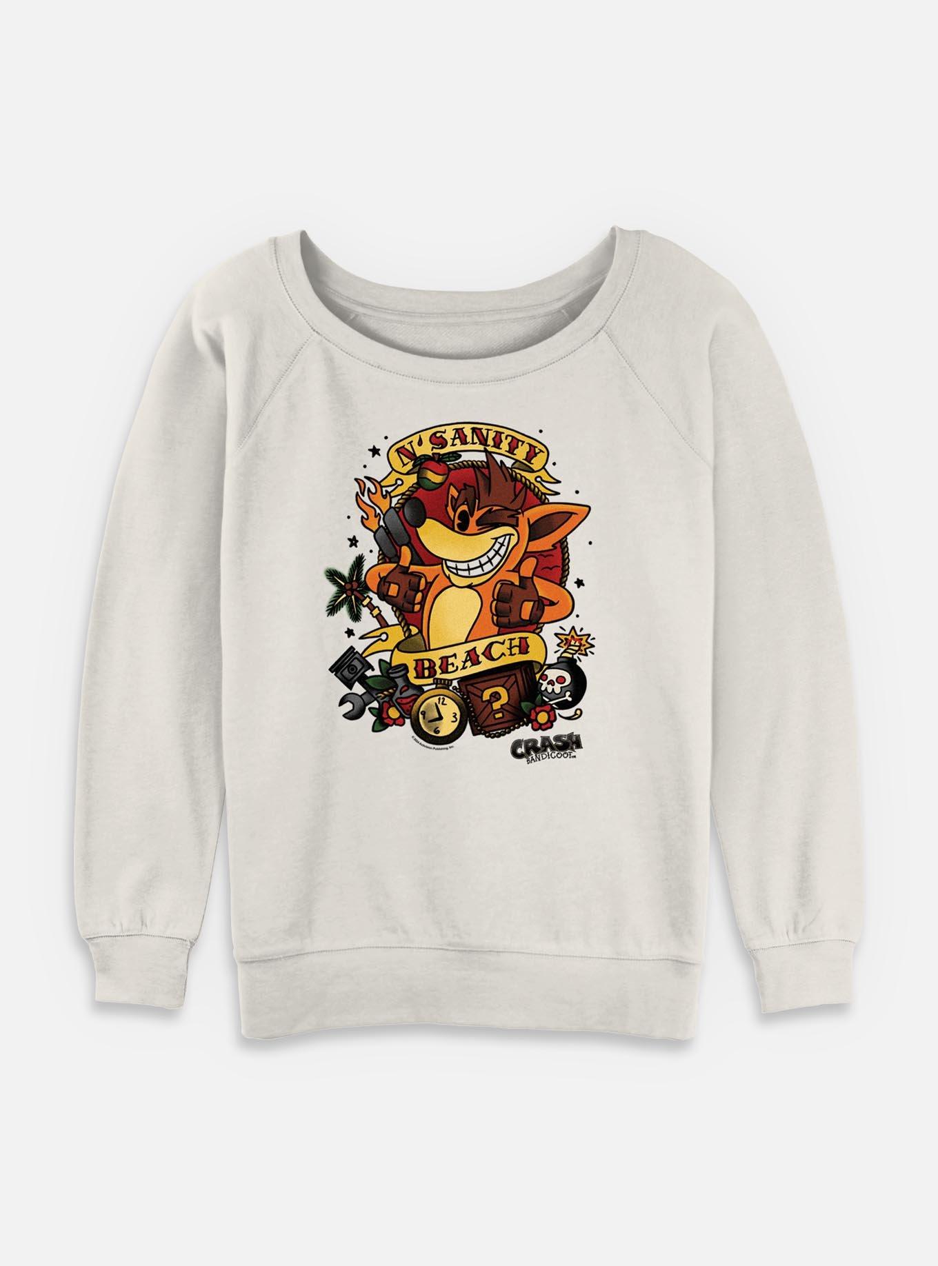 Crash Bandicoot Nsanity Beach Tattoo Style Womens Slouchy Sweatshirt, EGRET, hi-res