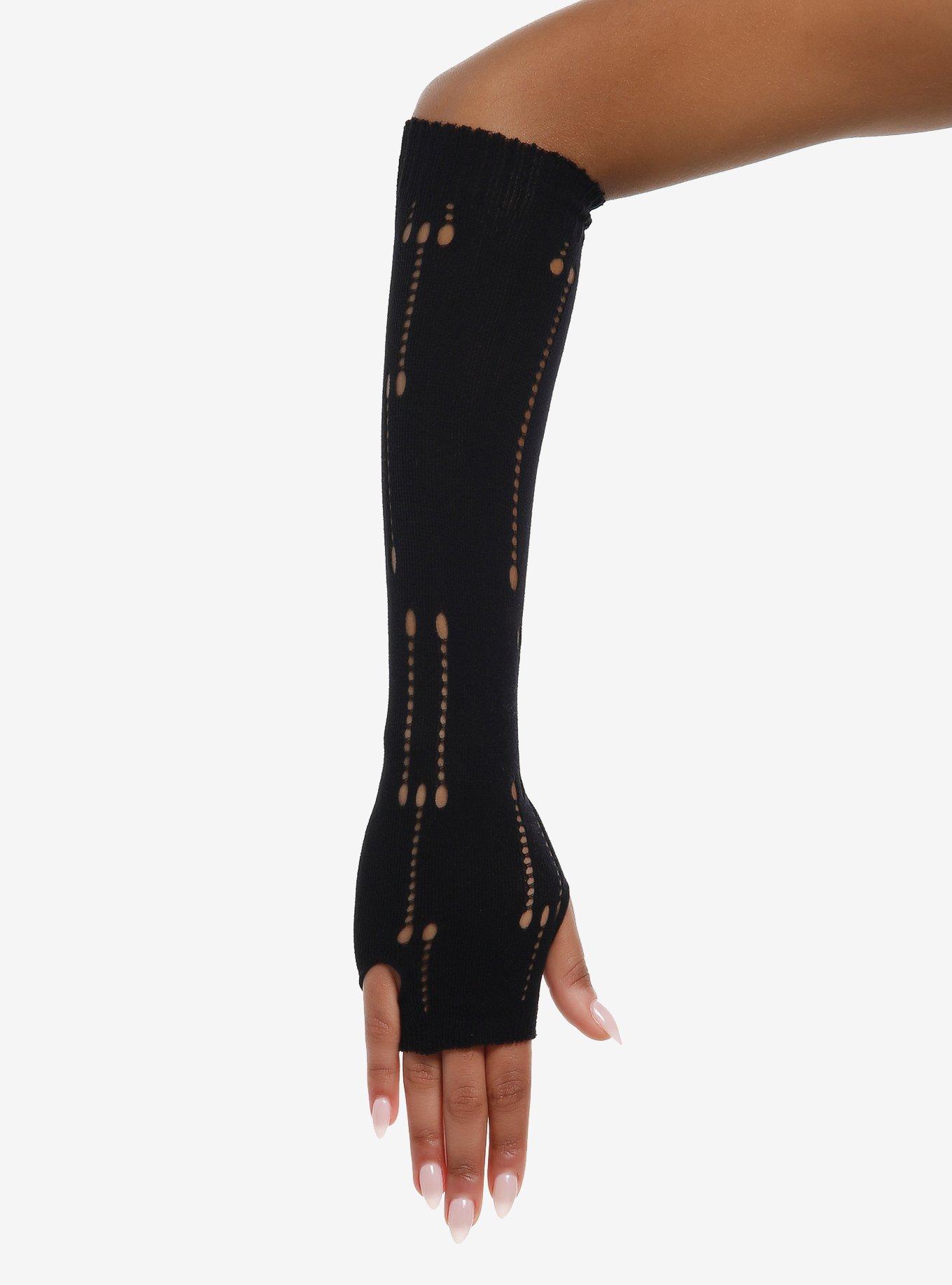 Black Distressed Mesh Arm Warmers, , hi-res