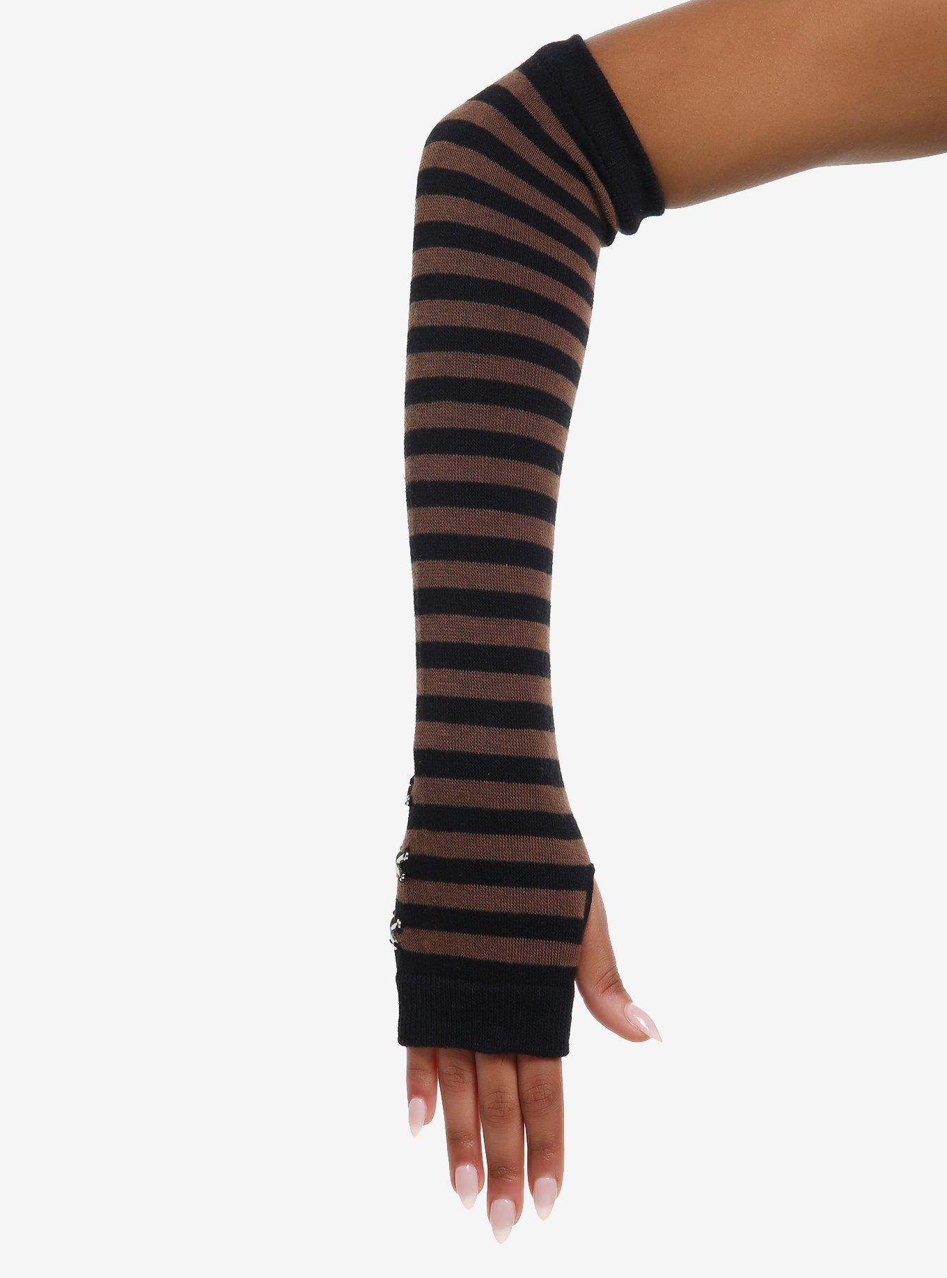 Brown & Black Stripe Metal Stitch Arm Warmers, , hi-res
