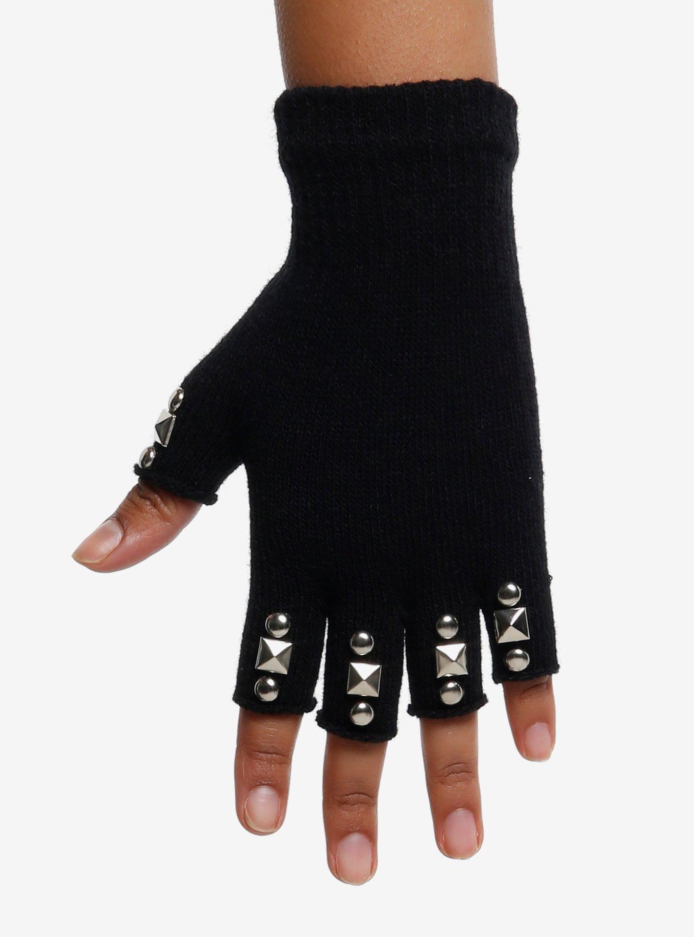 Black Studded Fingerless Gloves, , hi-res