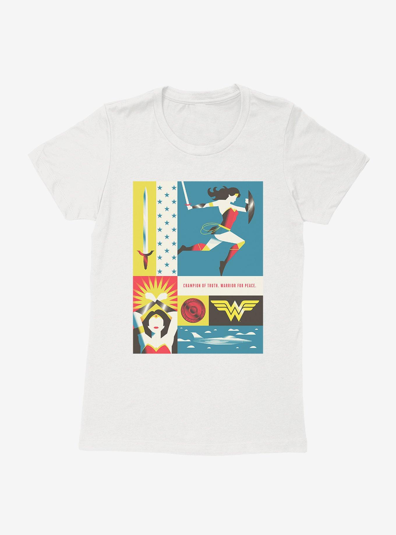 DC Comics Wonder Woman WB 100 Champion Of Truth, Warrior For Peace Poster Womens T-Shirt, WHITE, hi-res