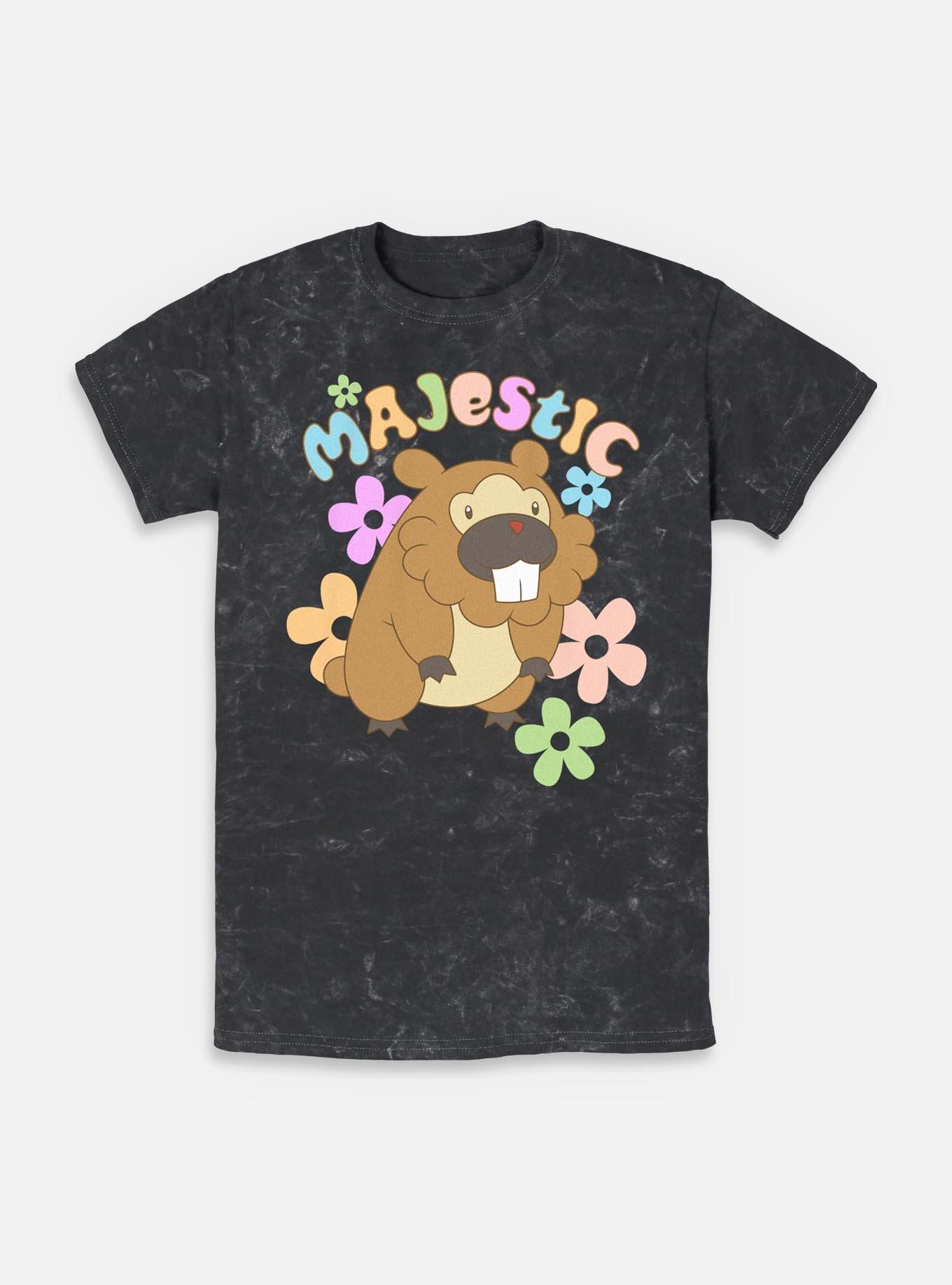 Pokemon Bidoof Majestic Flowers Mineral Wash T-Shirt, BLACK, hi-res