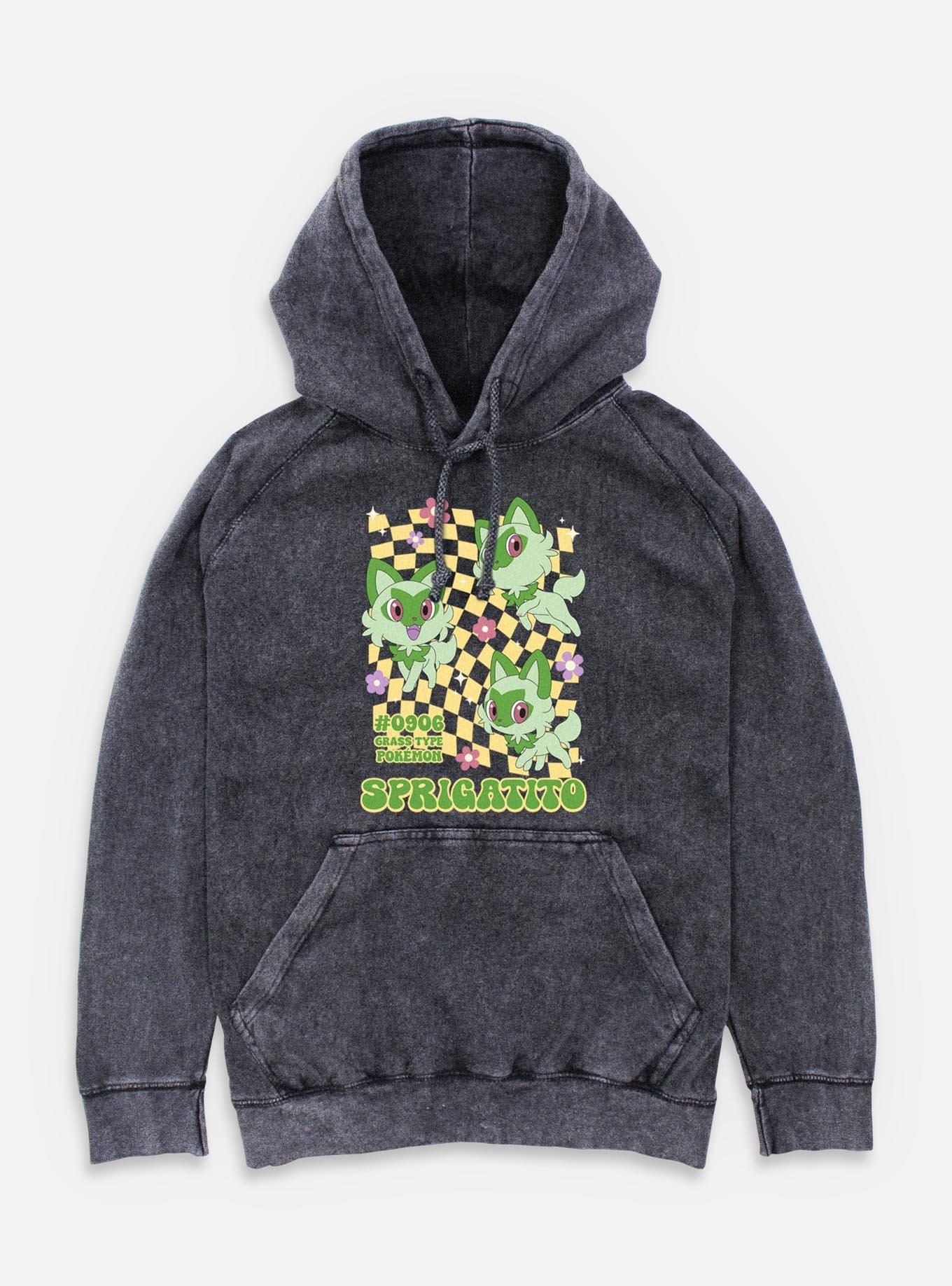 Pokemon Sprigatito Grass Type Checkered Mineral Wash Hoodie, BLACK, hi-res