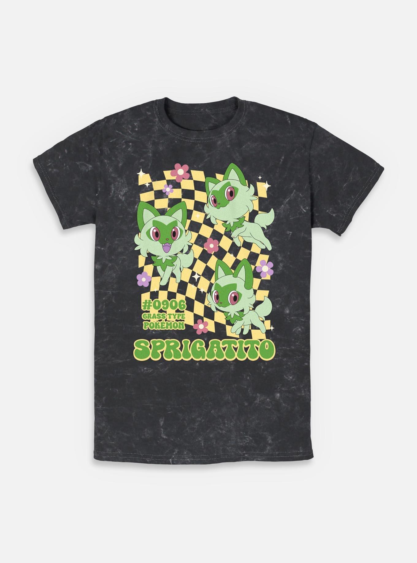 Pokemon Sprigatito Grass Type Checkered Mineral Wash T-Shirt, BLACK, hi-res