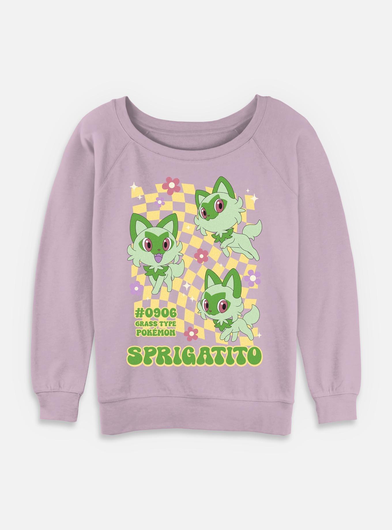 Pokemon Sprigatito Grass Type Checkered Womens Slouchy Sweatshirt, LAVENDER, hi-res