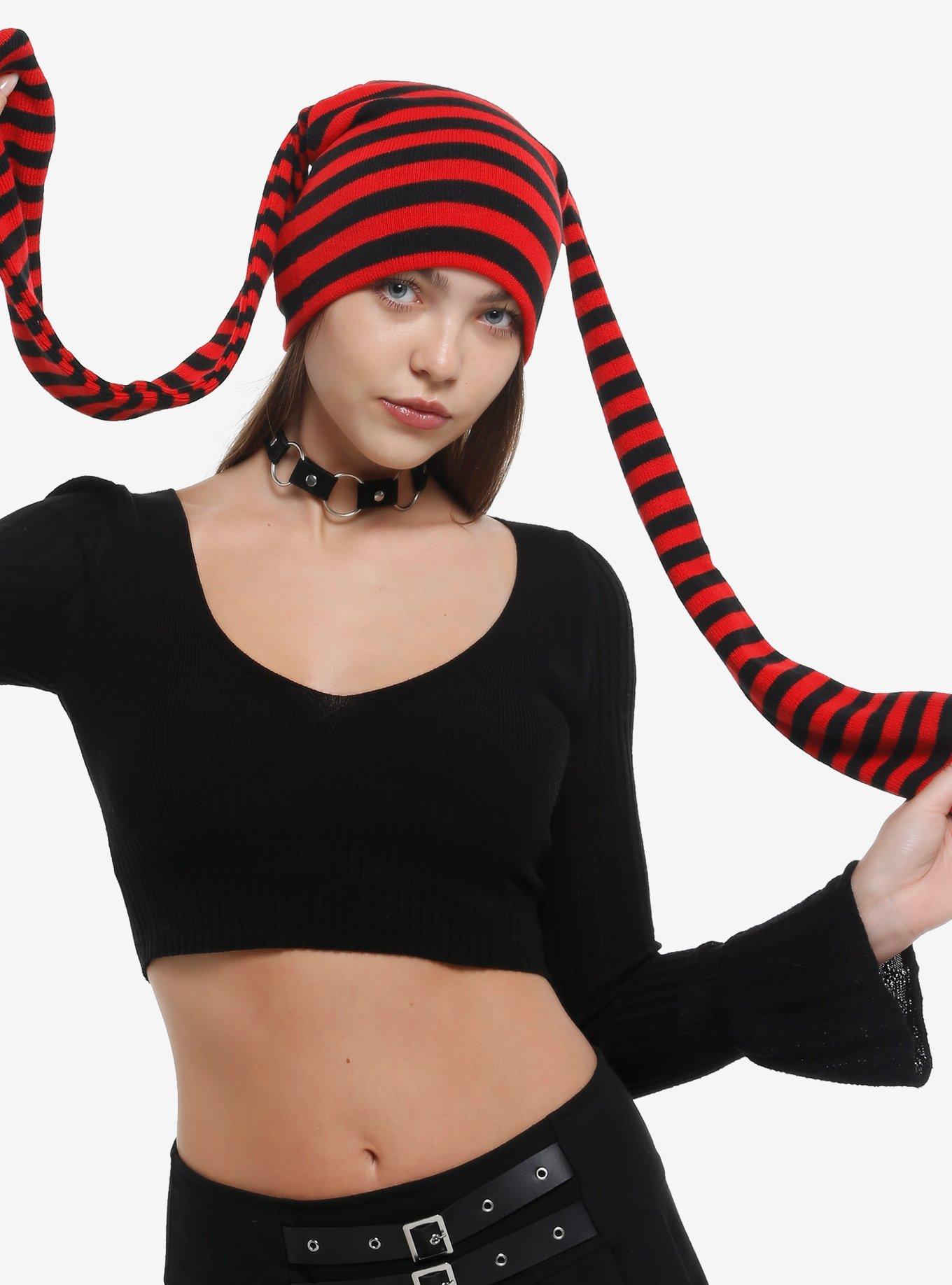Black & Red Stripe Bunny Ears Beanie, , hi-res