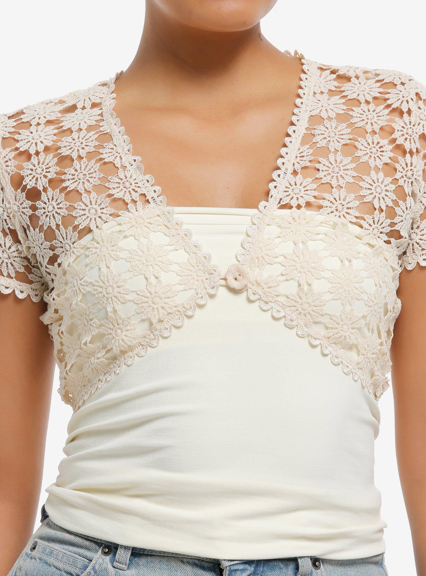 Thorn & Fable Ivory Floral Girls Short-Sleeve Bolero, , hi-res